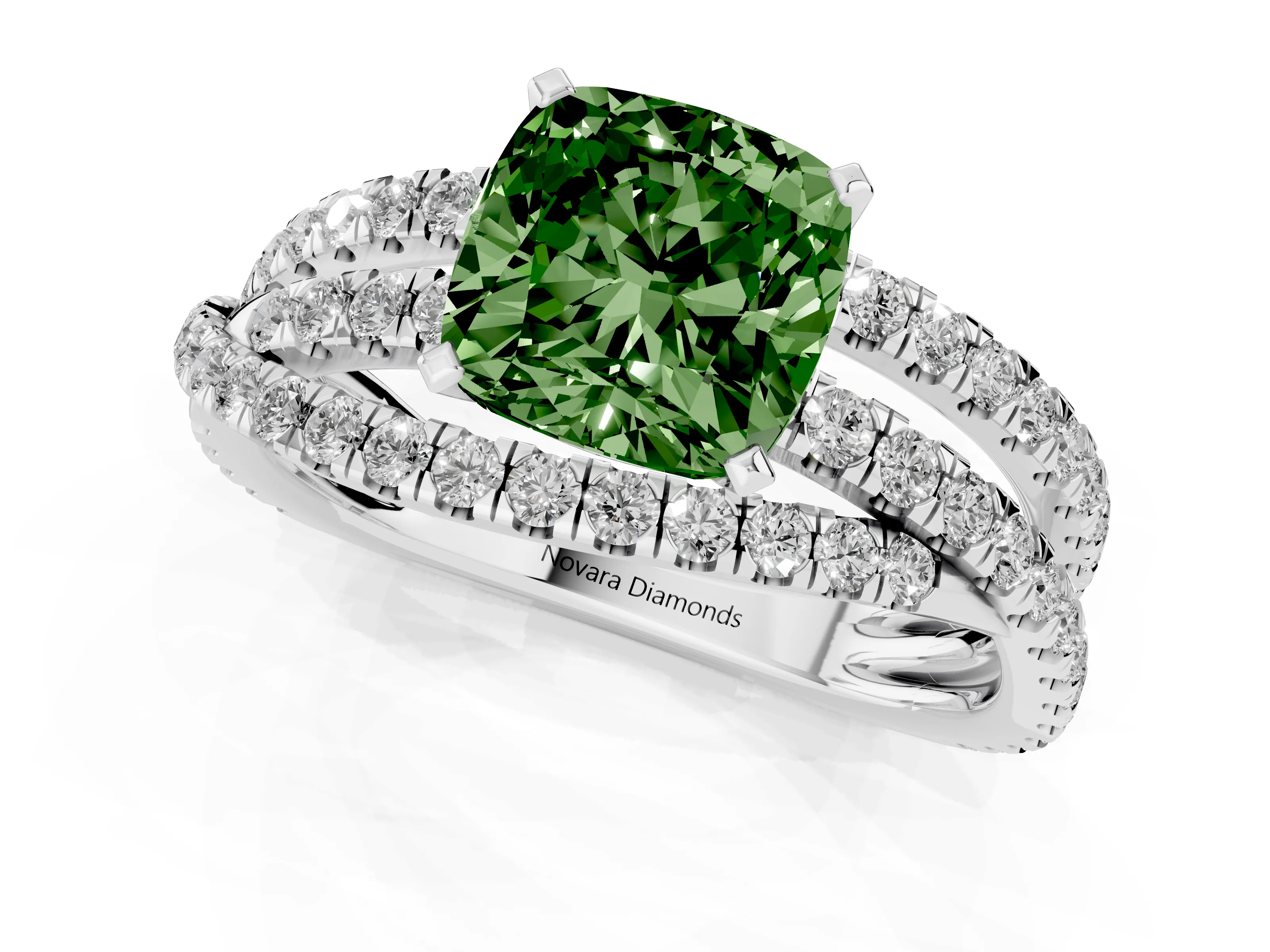 Fancy Green Cushion Cut Diamond Solitaire Twist Band Ring Set in White gold with Pavé Setting and Prong Head