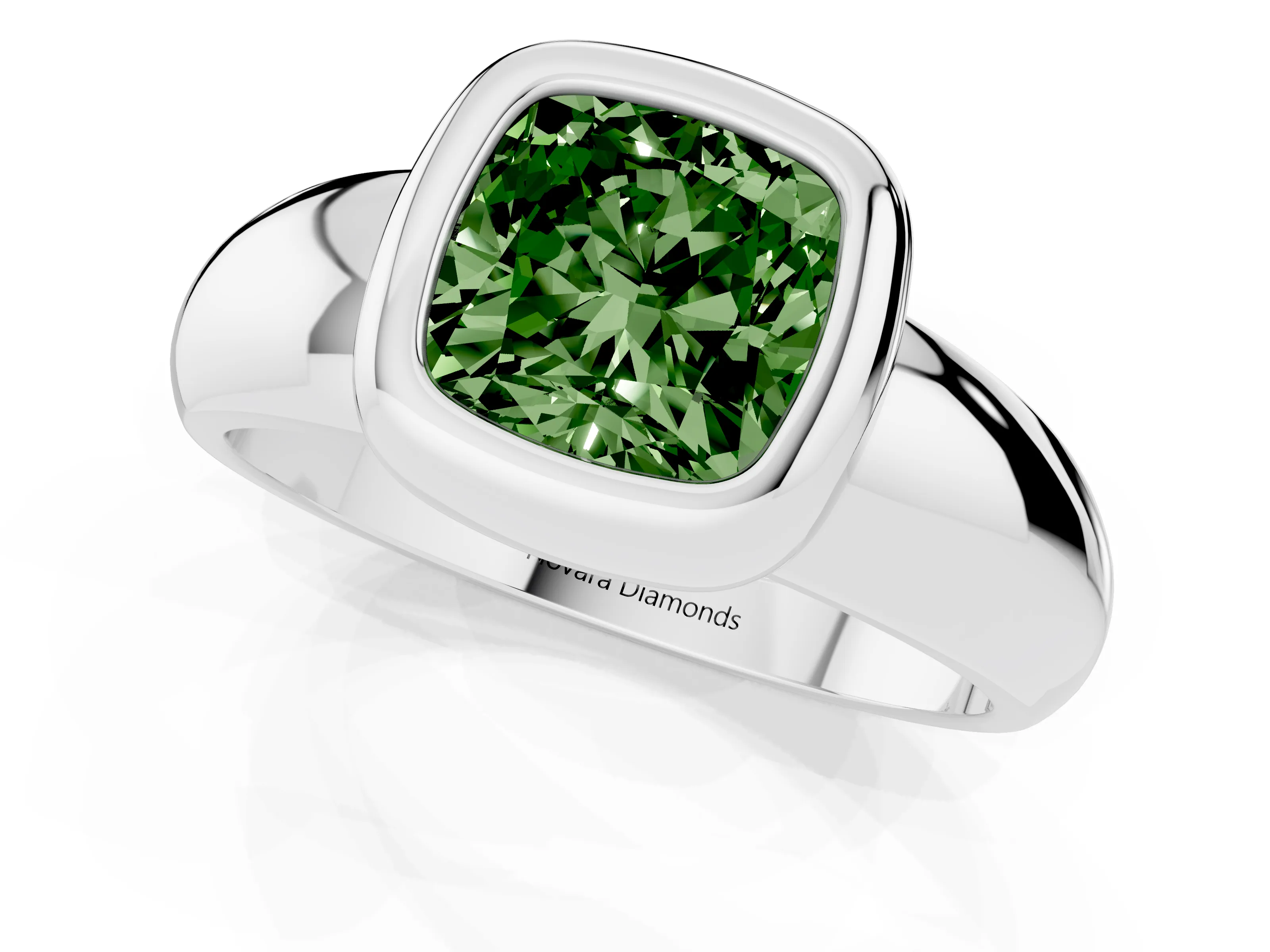 Fancy Green Bezel Set Cushion Cut Diamond Solitaire Ring Set in Silver with Wide Band
