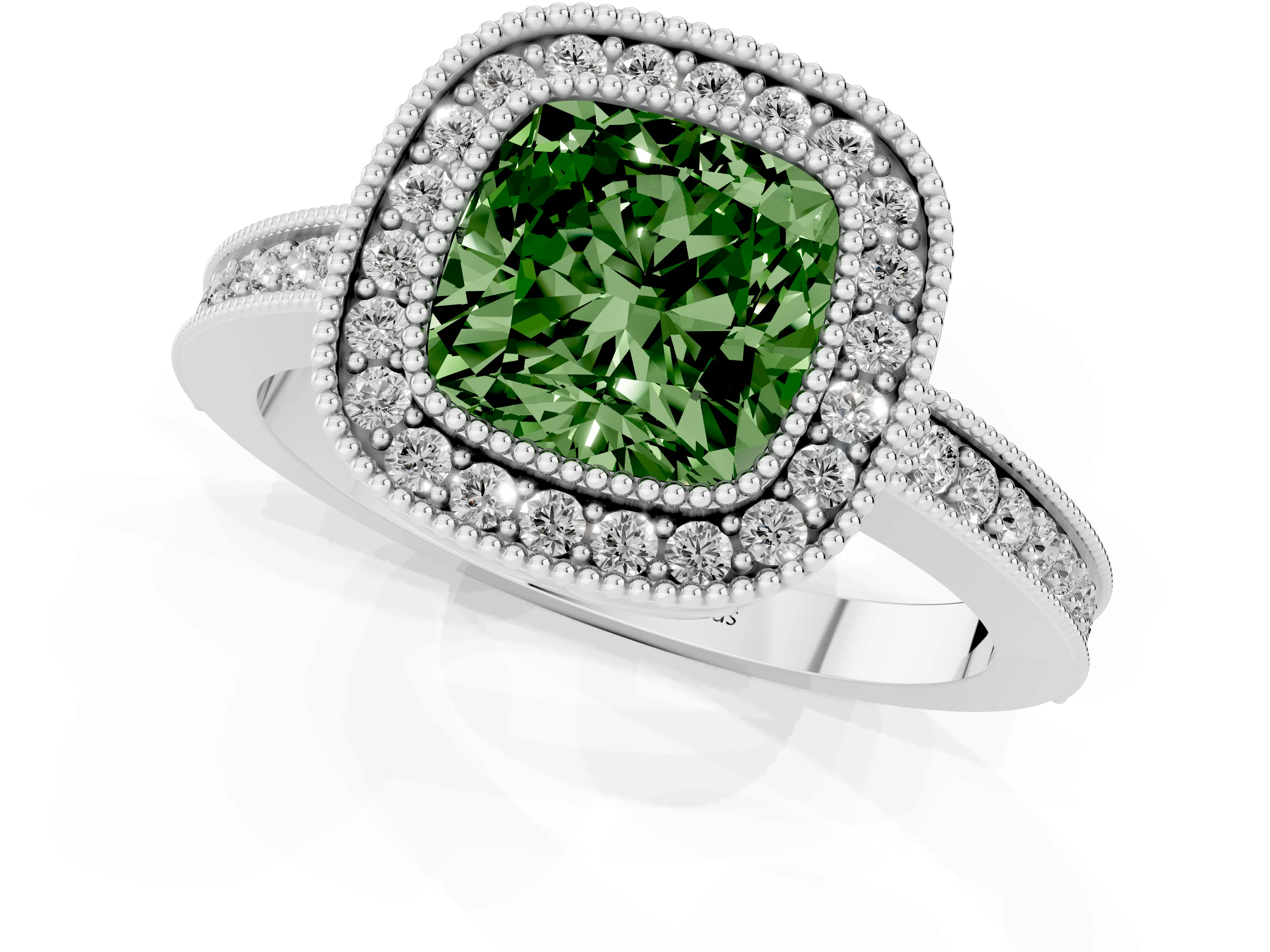 Fancy Green Cushion Cut Diamond Round Halo Ring Set in Platinum with Pavé Band