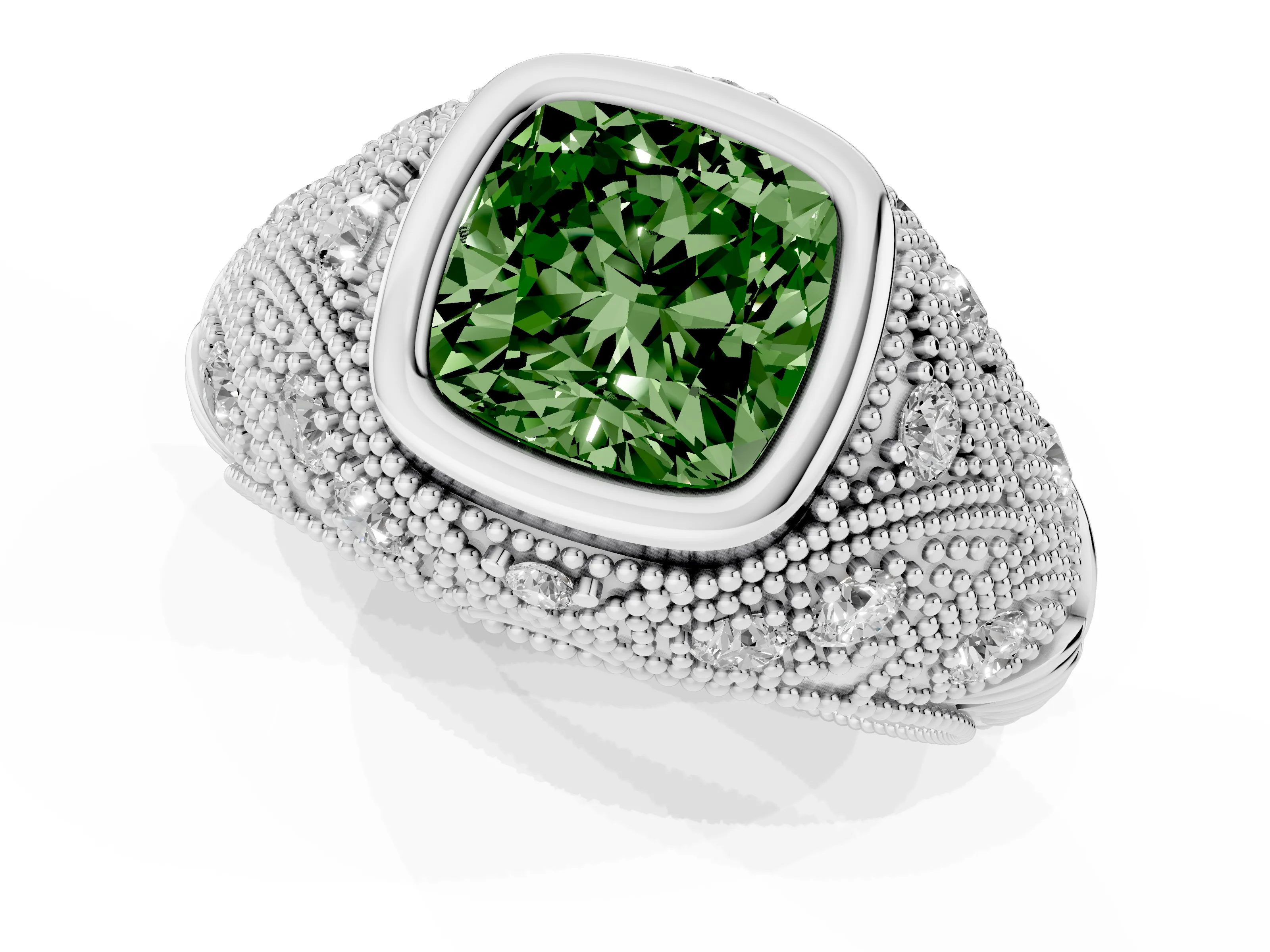 Fancy Green Cushion Cut Diamond Bezel Ring Set in Silver with Milgrain Accent Band