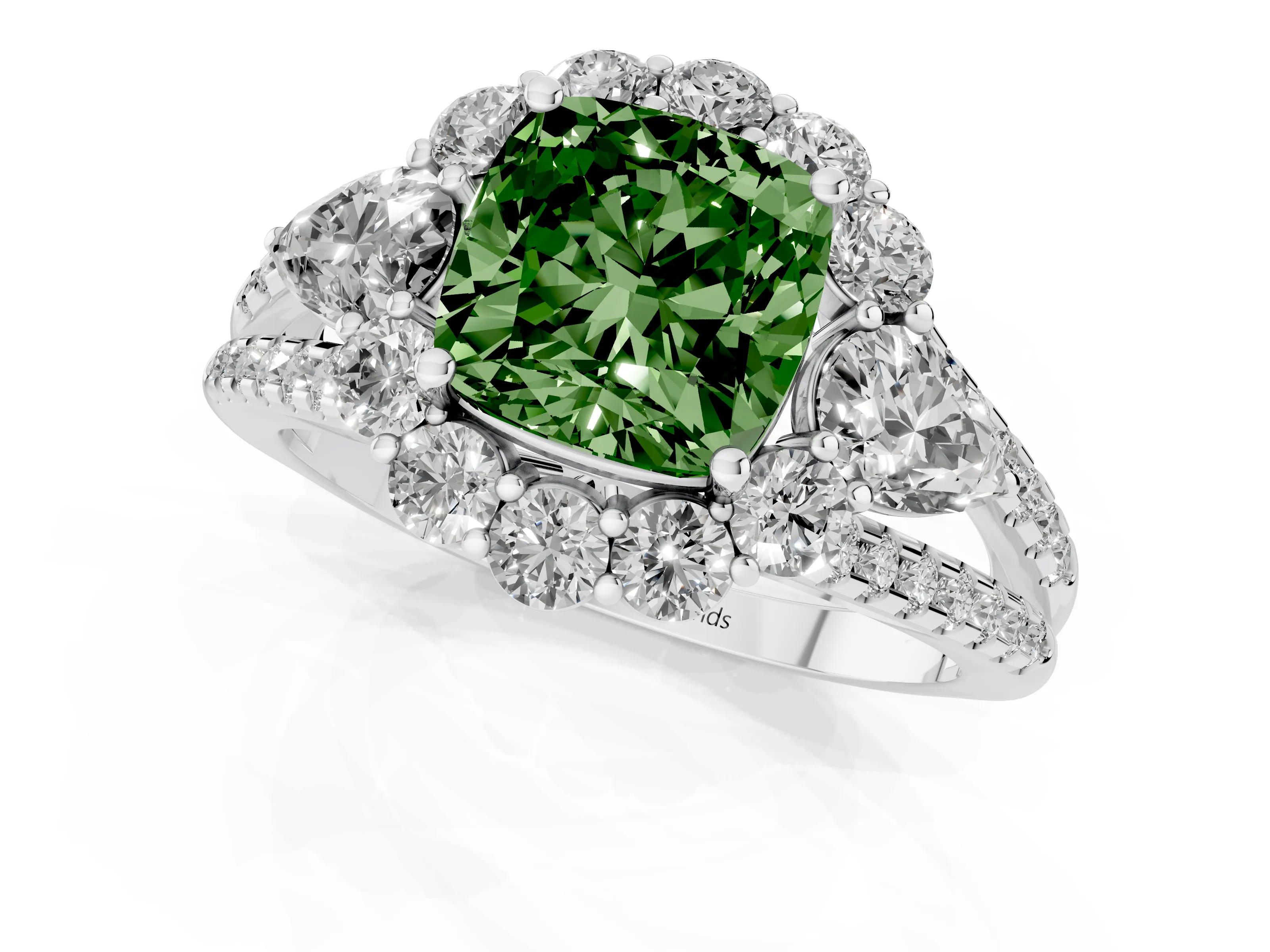 Fancy Green Cushion Cut Diamond Halo Split Shank Engagement Ring Set in White gold with Prong-Held Center Stone