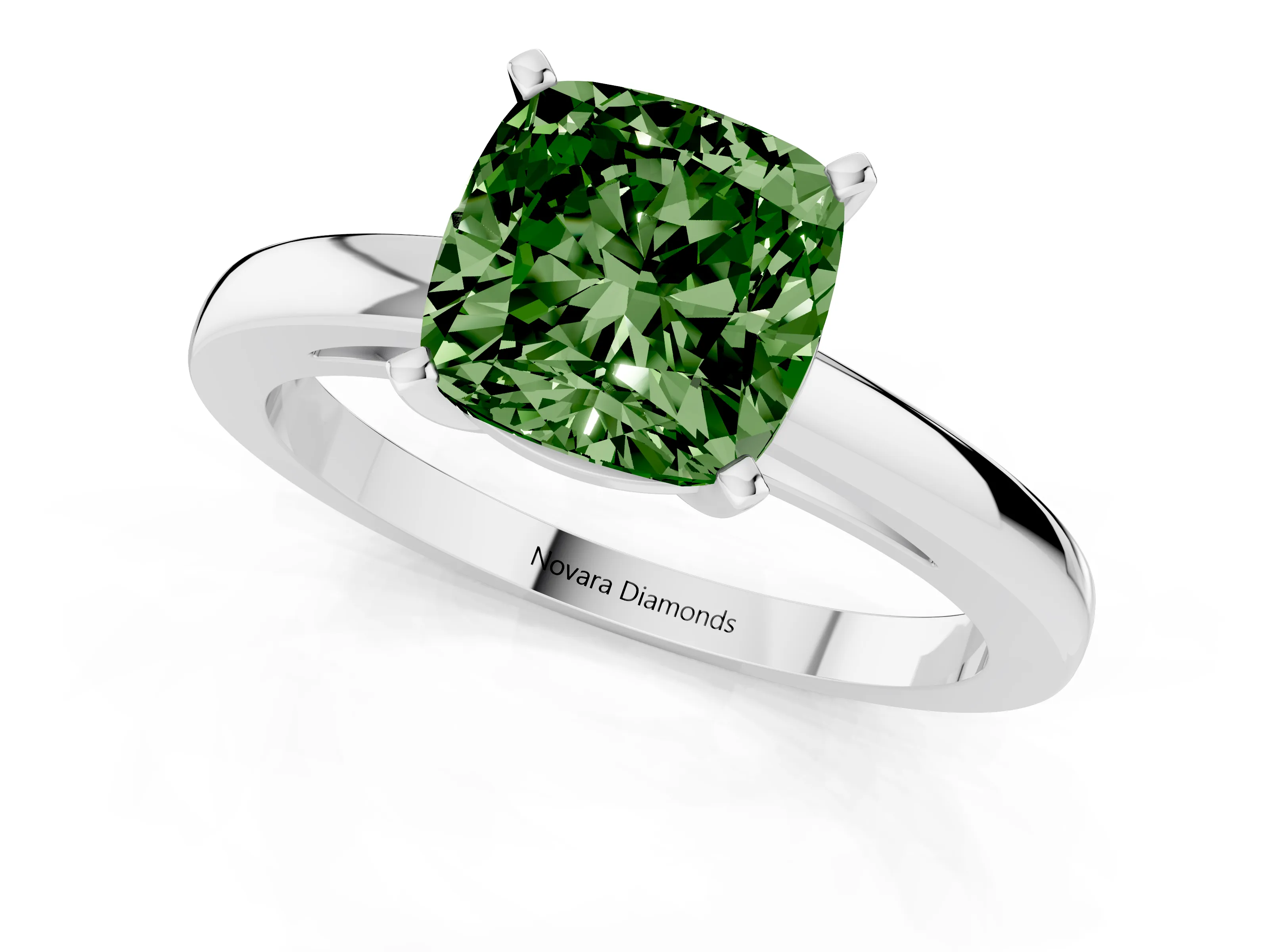 Fancy Green Cushion Cut Diamond Solitaire Engagement Ring Set in White gold with Prong Setting on a Classic Band
