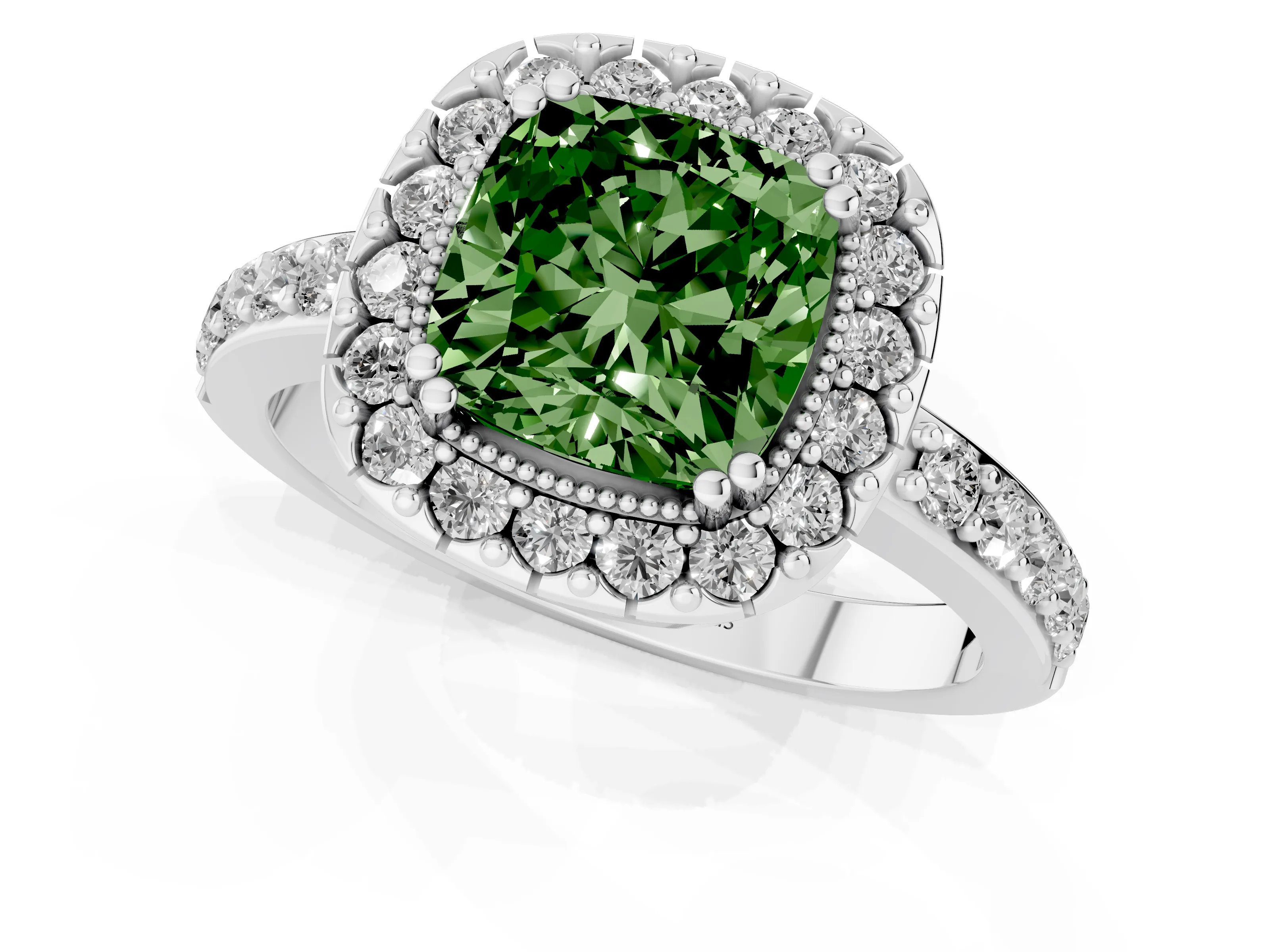Fancy Green Cushion Cut Diamond Halo Ring Set in White gold with Pavé Shank and Prong Setting