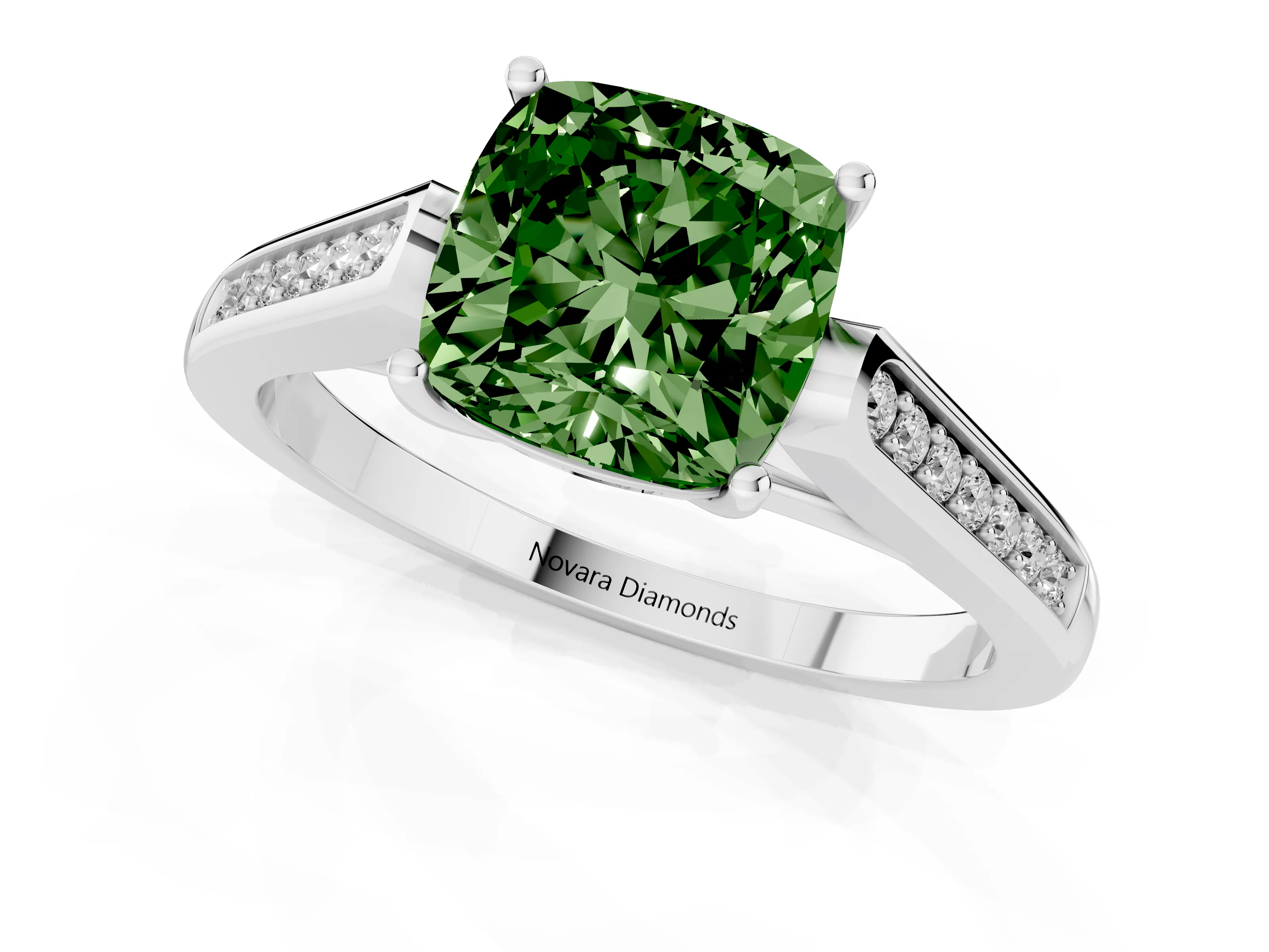 Fancy Green Cushion Cut Diamond Solitaire Cathedral Engagement Ring Set in Silver with Channel-Set Band and Prong Setting