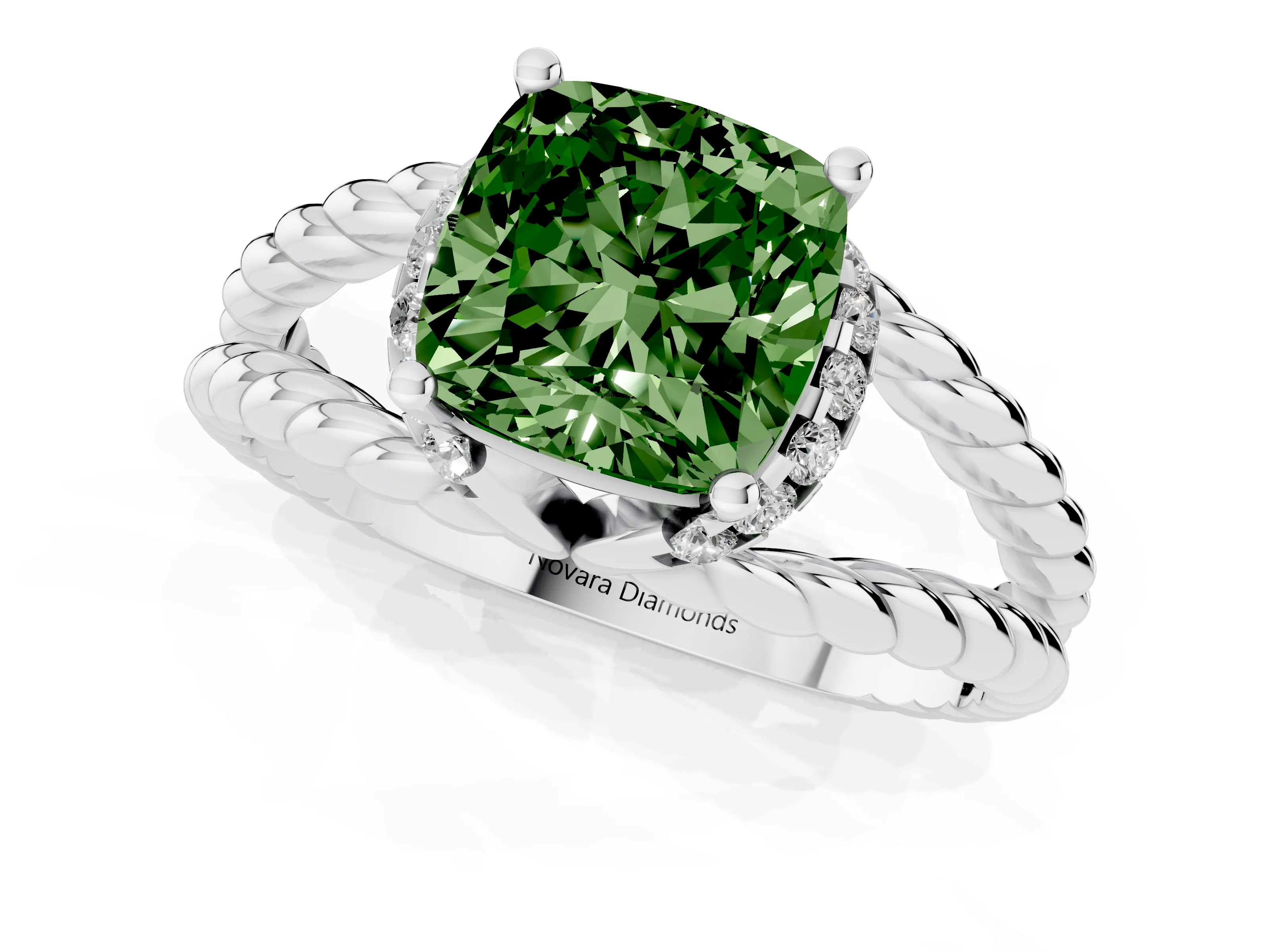 Fancy Green Cushion Cut Diamond Halo Ring Set in Platinum with Twisted Band and Prong Setting