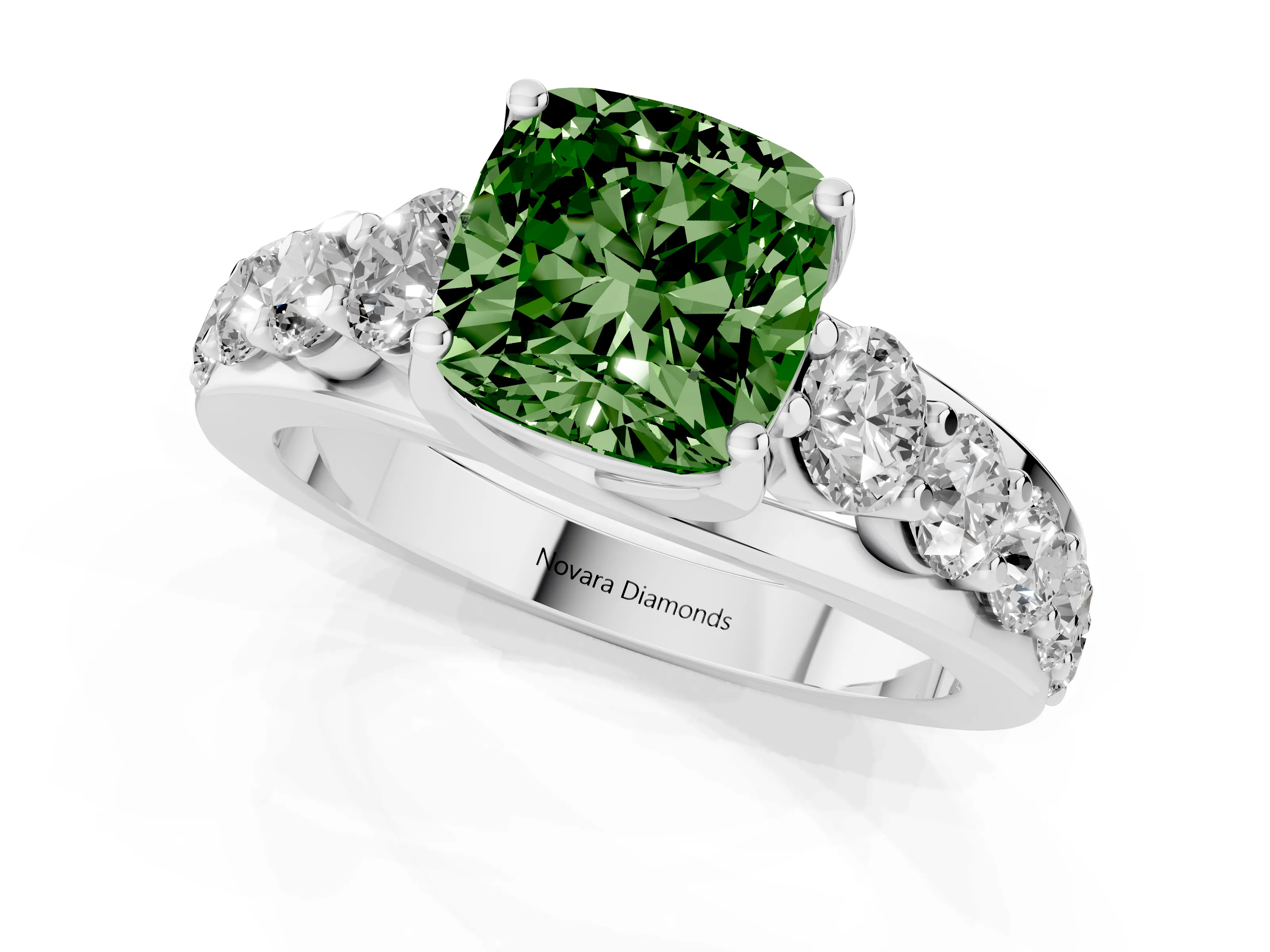 Fancy Green Cushion Cut Diamond Pavé Engagement Ring Set in Platinum with Prong Setting