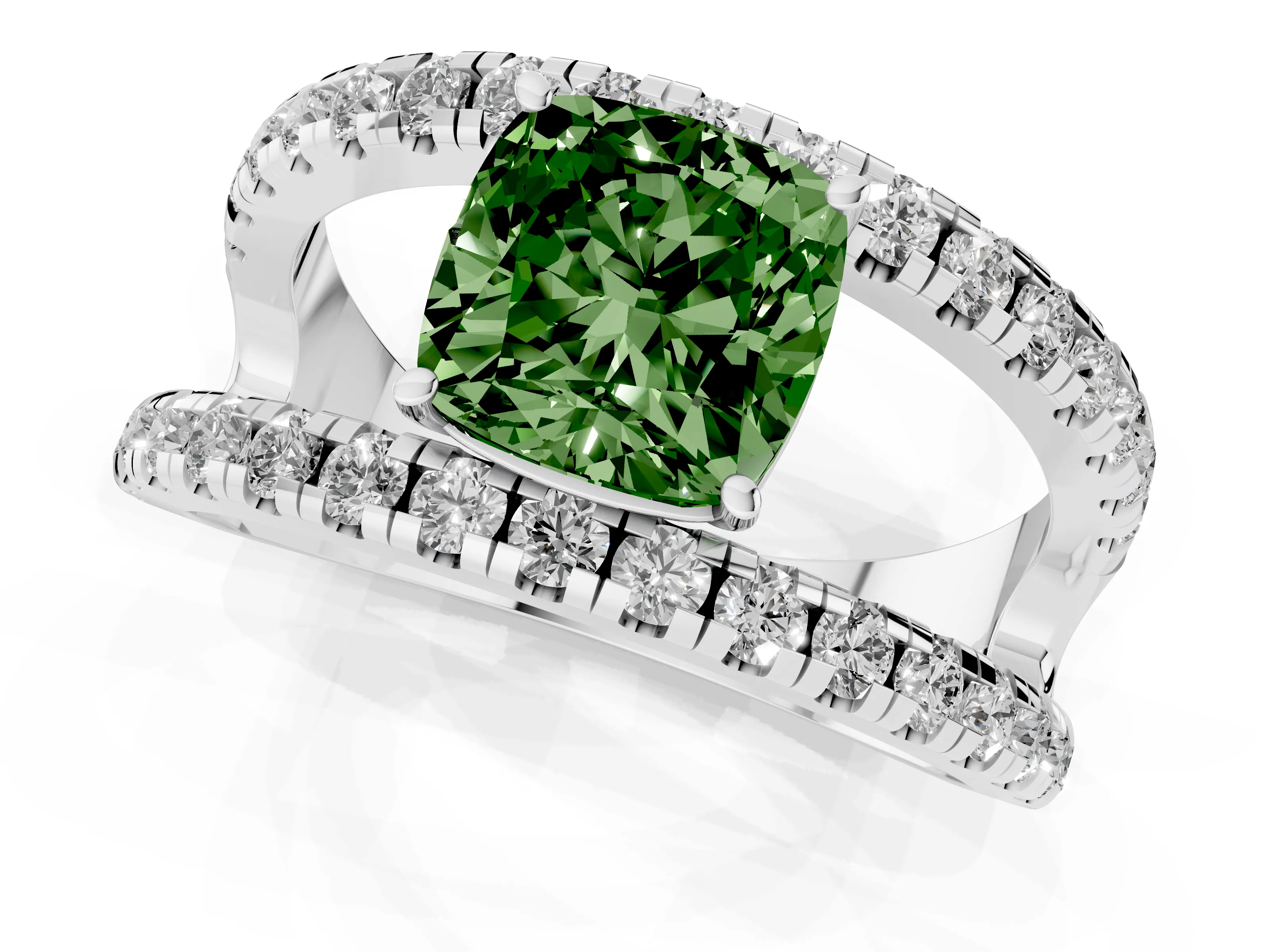 Fancy Green Cushion Cut Diamond Split Shank Pavé Solitaire Ring Set in Platinum with Open Shank Design