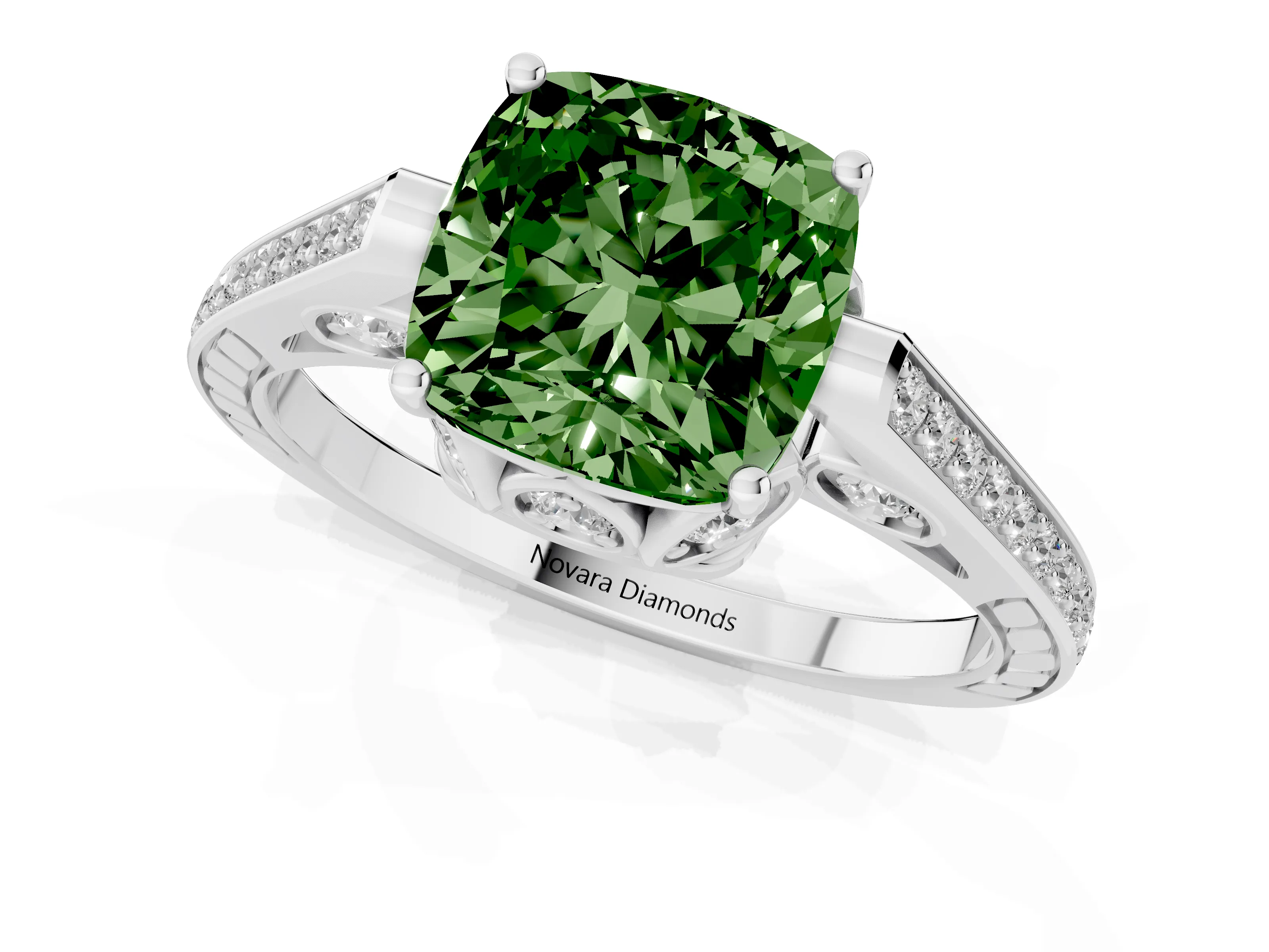 Fancy Green Cushion Cut Diamond Cathedral Pavé Engagement Ring Set in White gold with Prong Setting