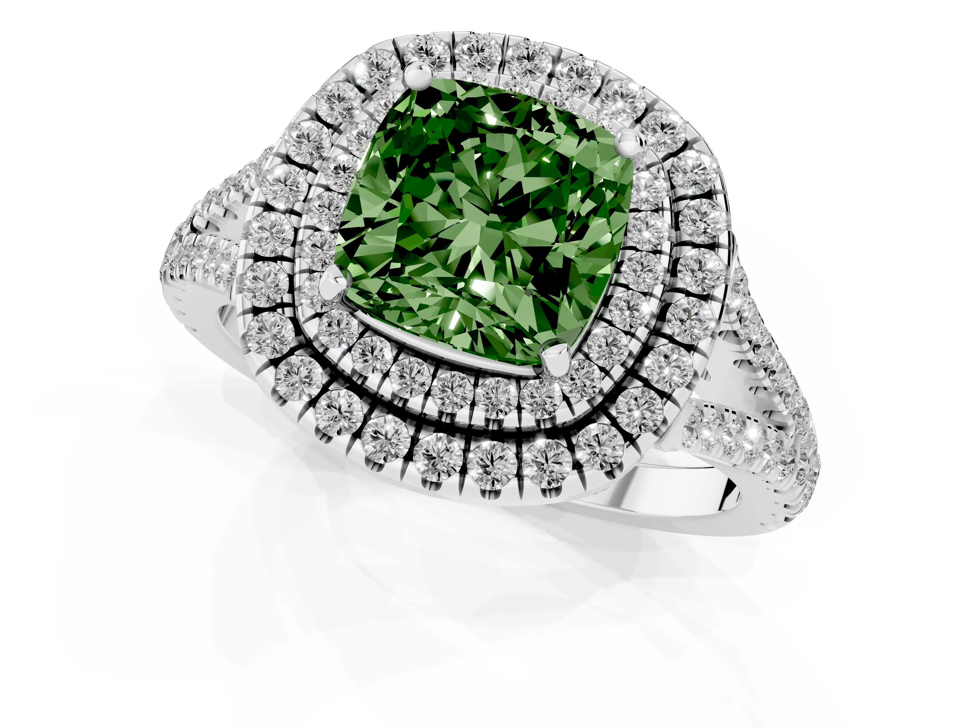 Fancy Green Cushion Cut Diamond Double Halo Ring Set in Platinum with Pavé Band