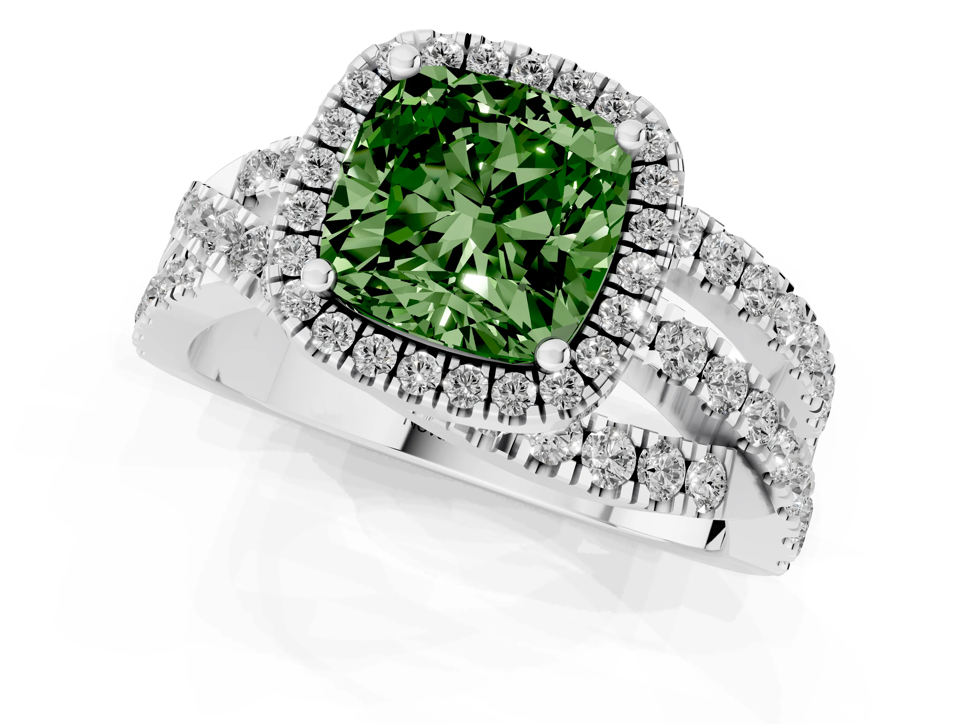 Fancy Green Cushion Cut Diamond Halo Ring Set in White gold with Round Crossover Split Shank and Prong Setting