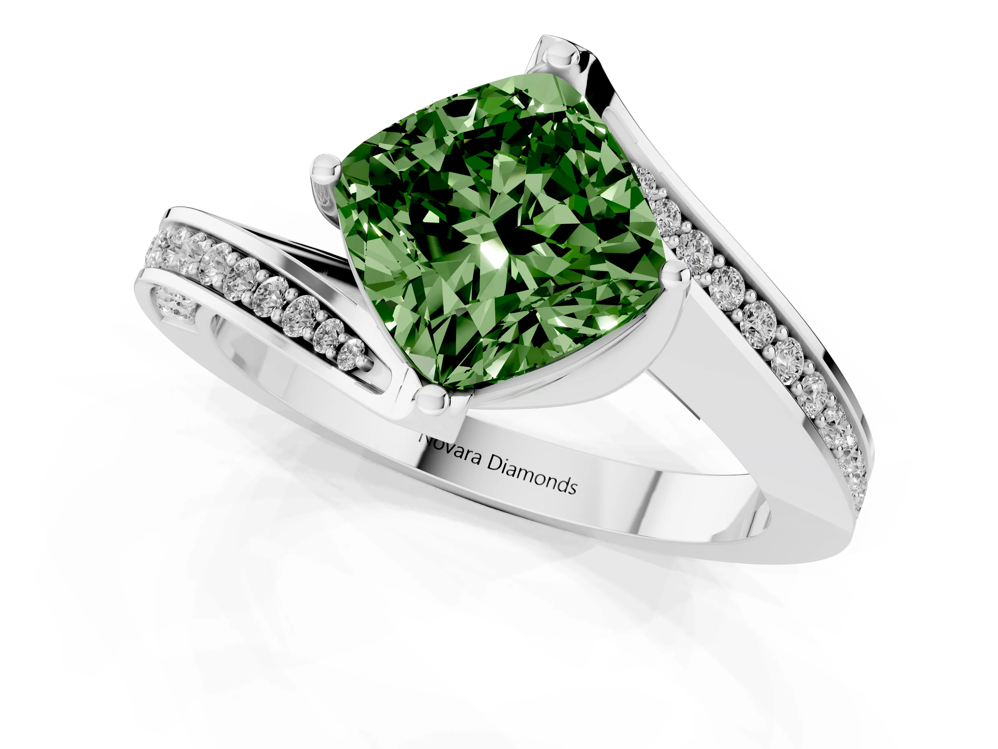 Fancy Green Cushion Cut Diamond Solitaire Ring Set in Platinum with Intertwined Pavé Twist Band