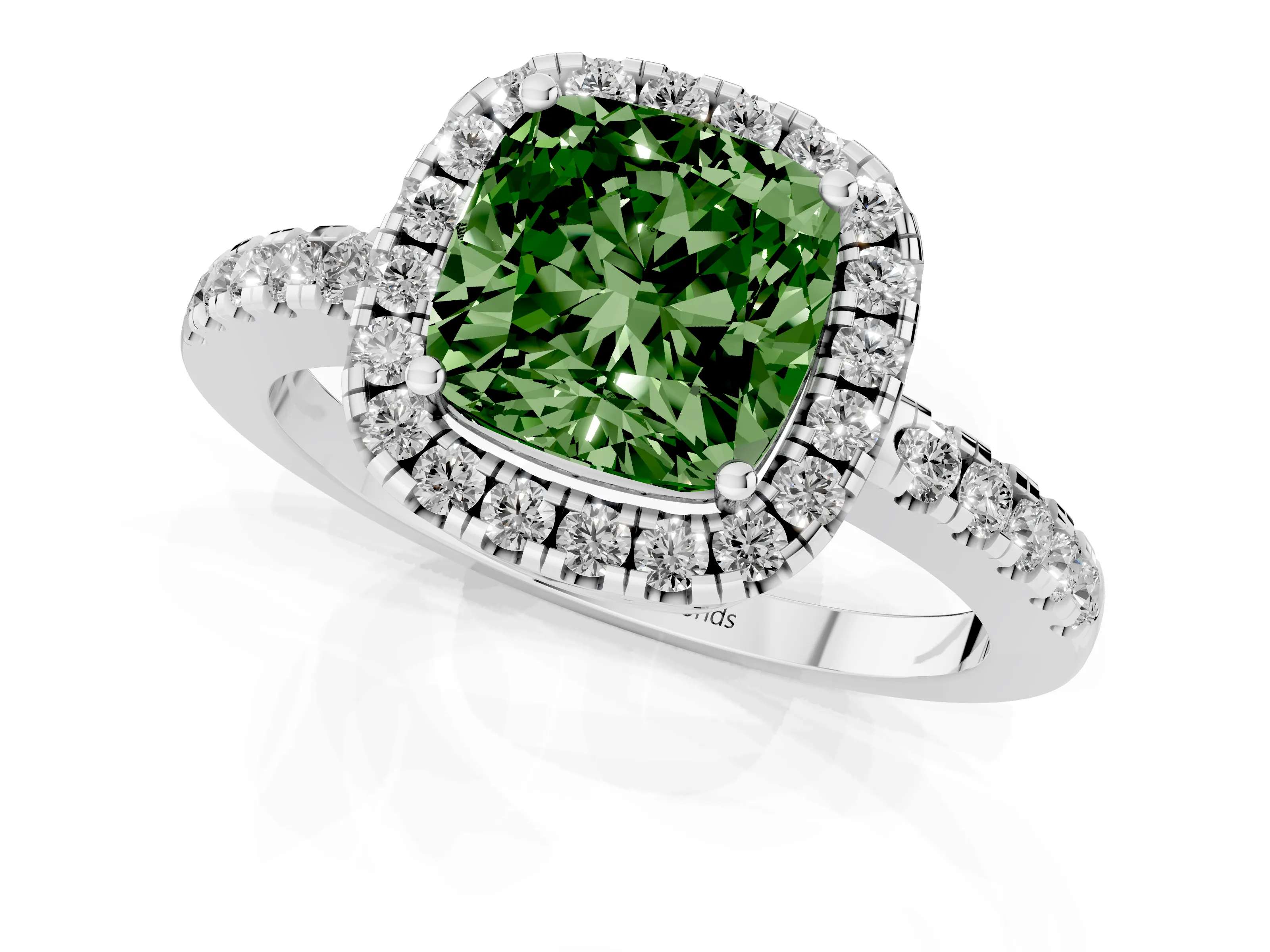 Fancy Green Cushion Cut Diamond Pavé Band Halo Engagement Ring Set in Platinum with Prong Setting