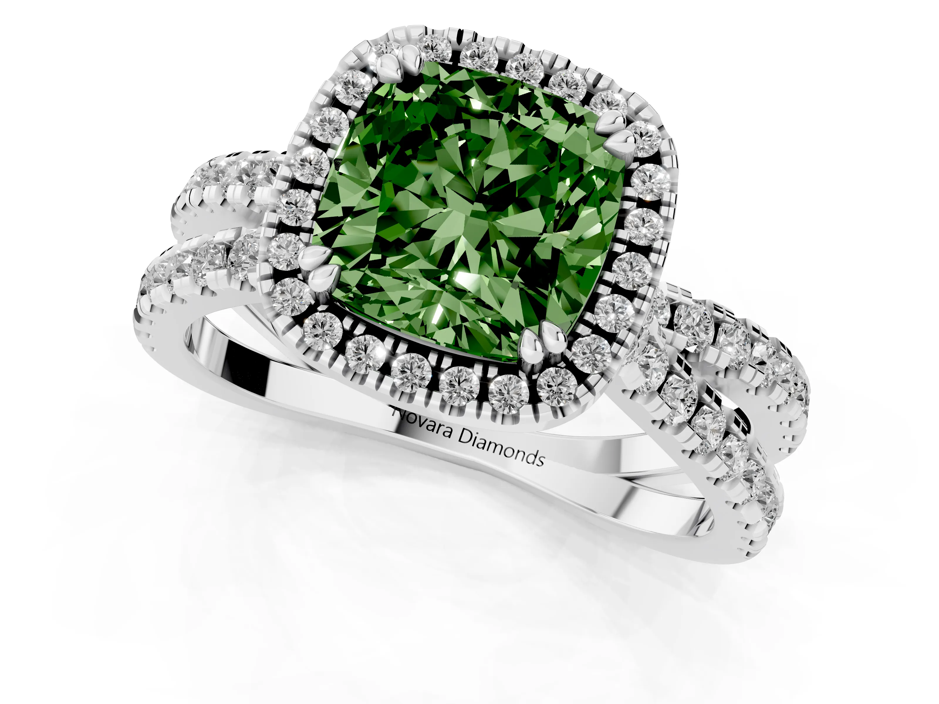 Fancy Green Cushion Cut Diamond Halo Split Shank Ring Set in Platinum with Pavé Setting – second view