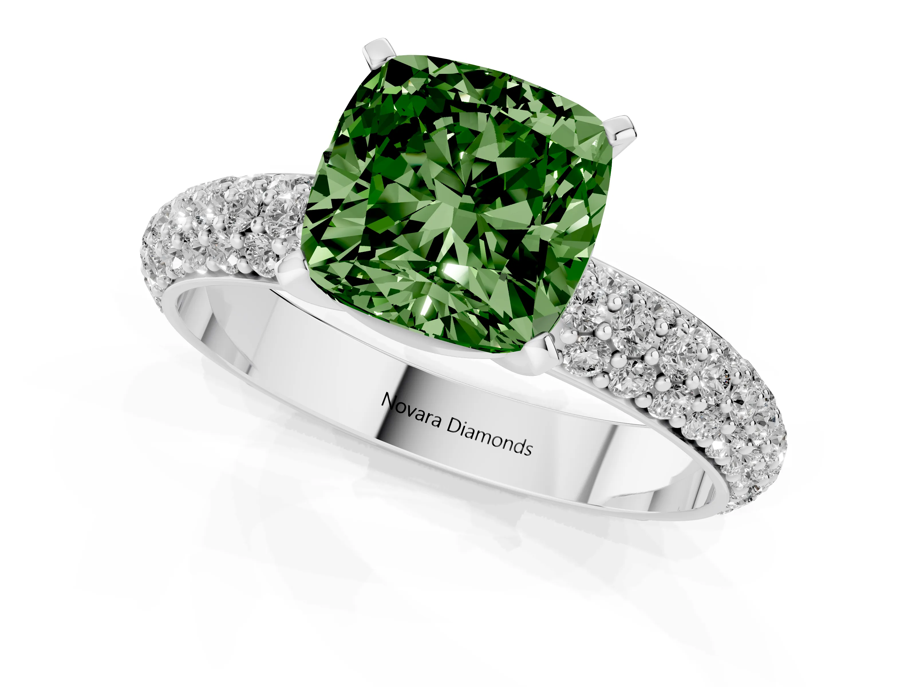 Fancy Green Cushion Cut Diamond Solitaire Ring Set in Silver with Prong Setting and Pavé-Set Band