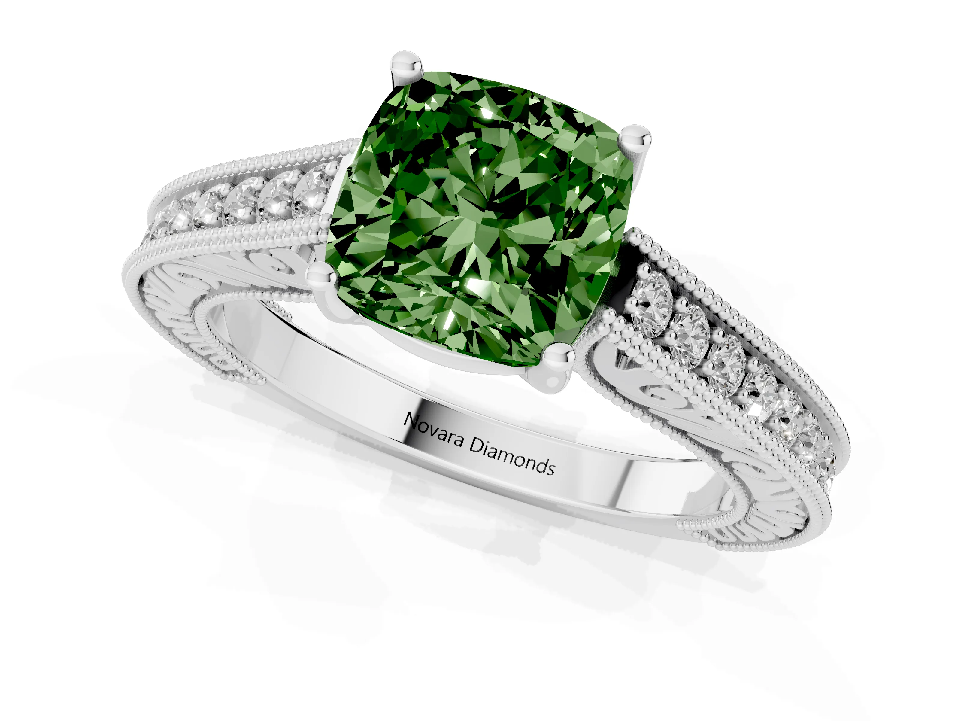 Fancy Green Cushion Cut Diamond Milgrain Pavé Band Solitaire Ring Set in White gold with Prong Setting