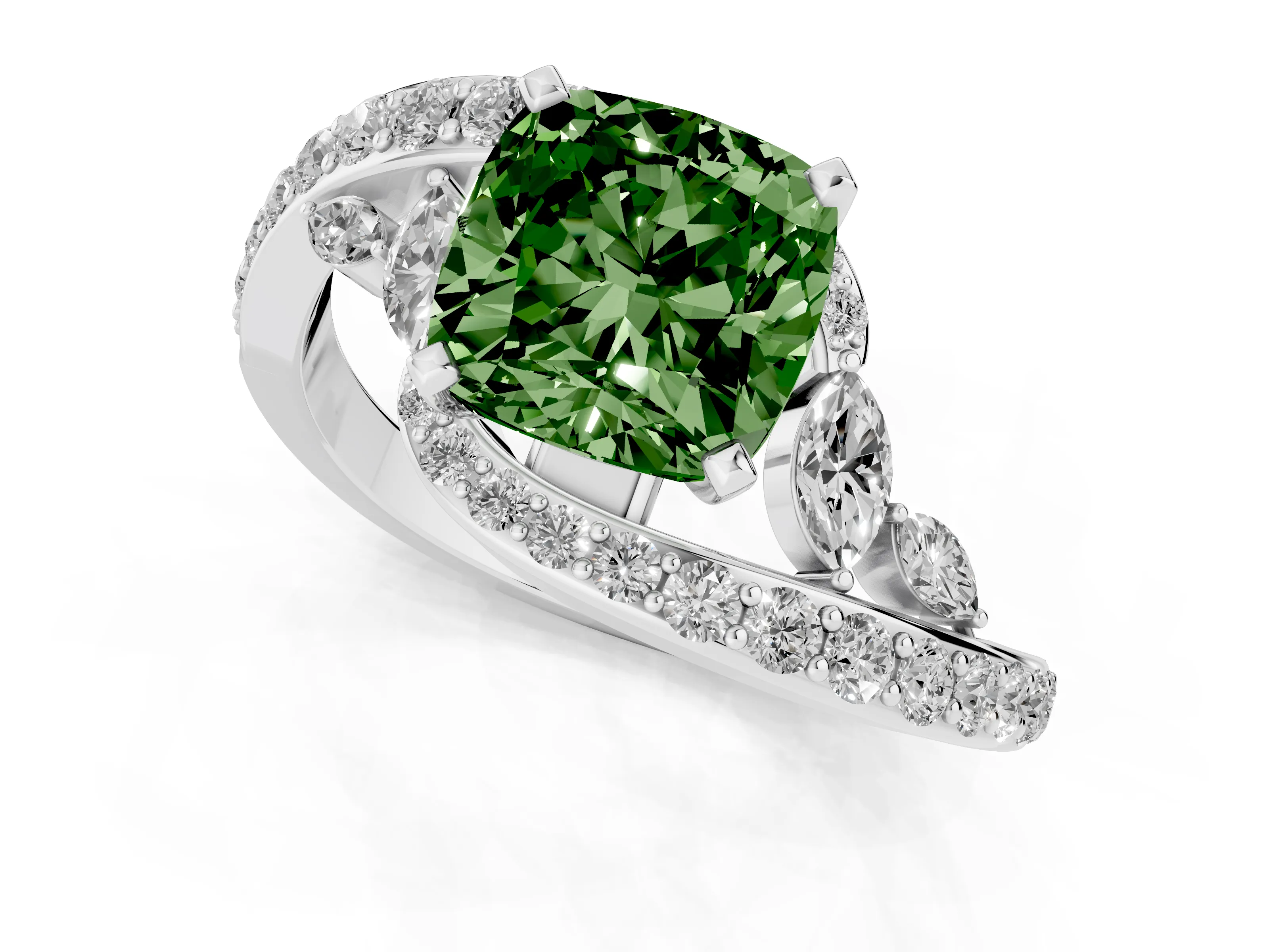 Fancy Green Cushion Cut Diamond Solitaire Ring Set in Platinum with Filigree Band and Prong Setting