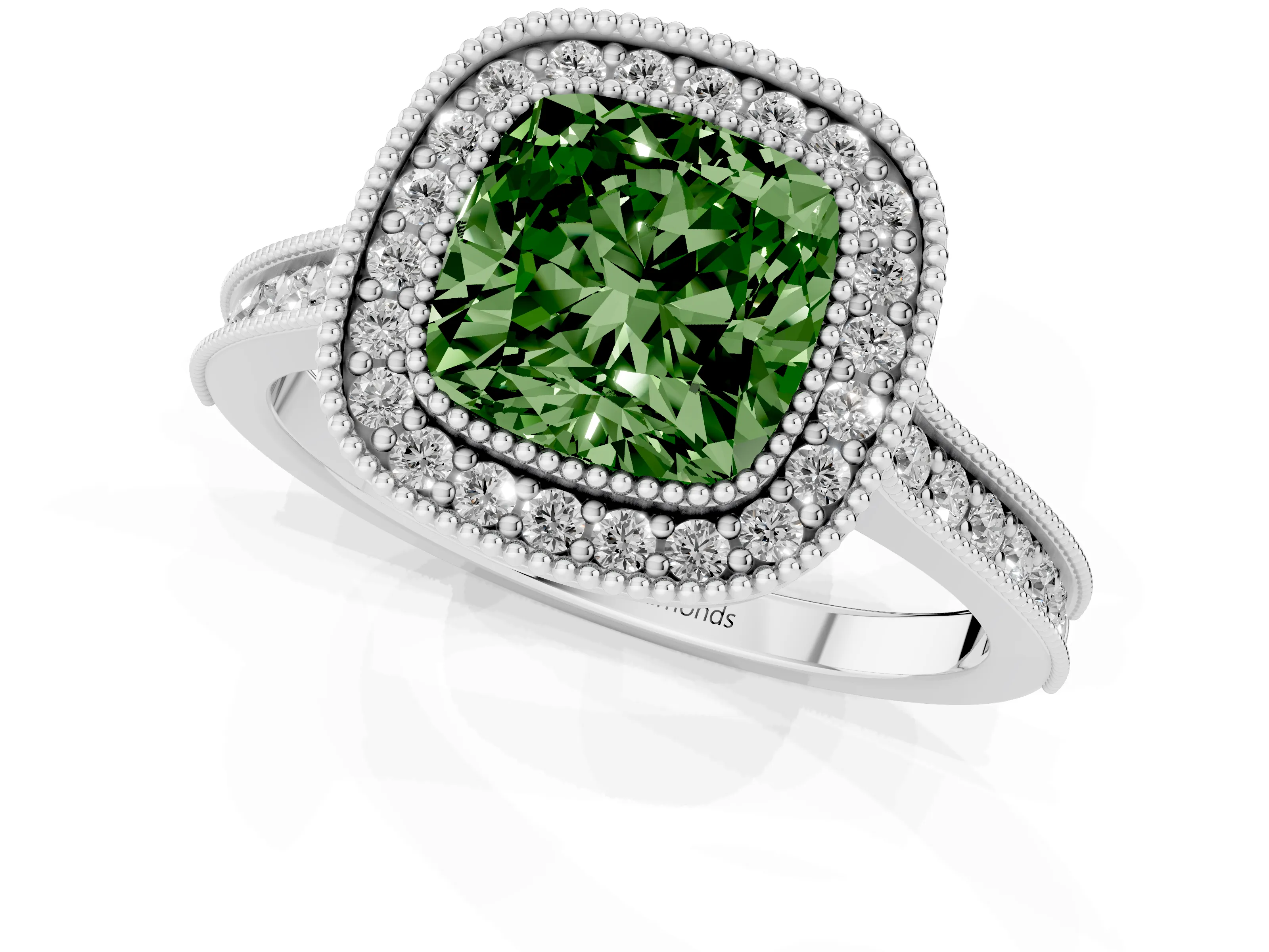 Fancy Green Cushion Cut Diamond Halo Milgrain Pavé Band Ring Set in Platinum with Prong Setting