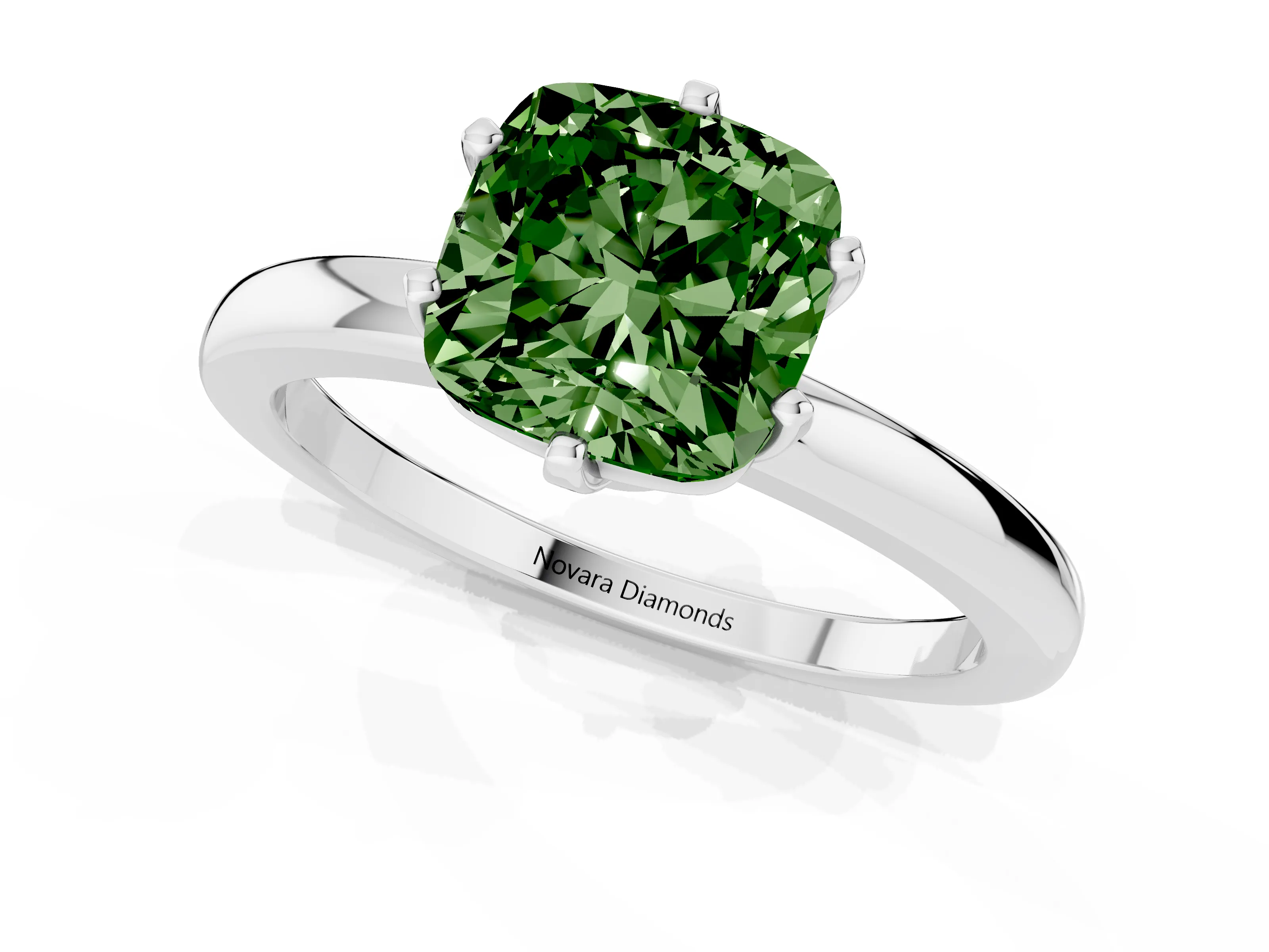 Fancy Green Cushion Cut Diamond Solitaire Ring Set in Silver with Raised Prong Setting on a Classic Band