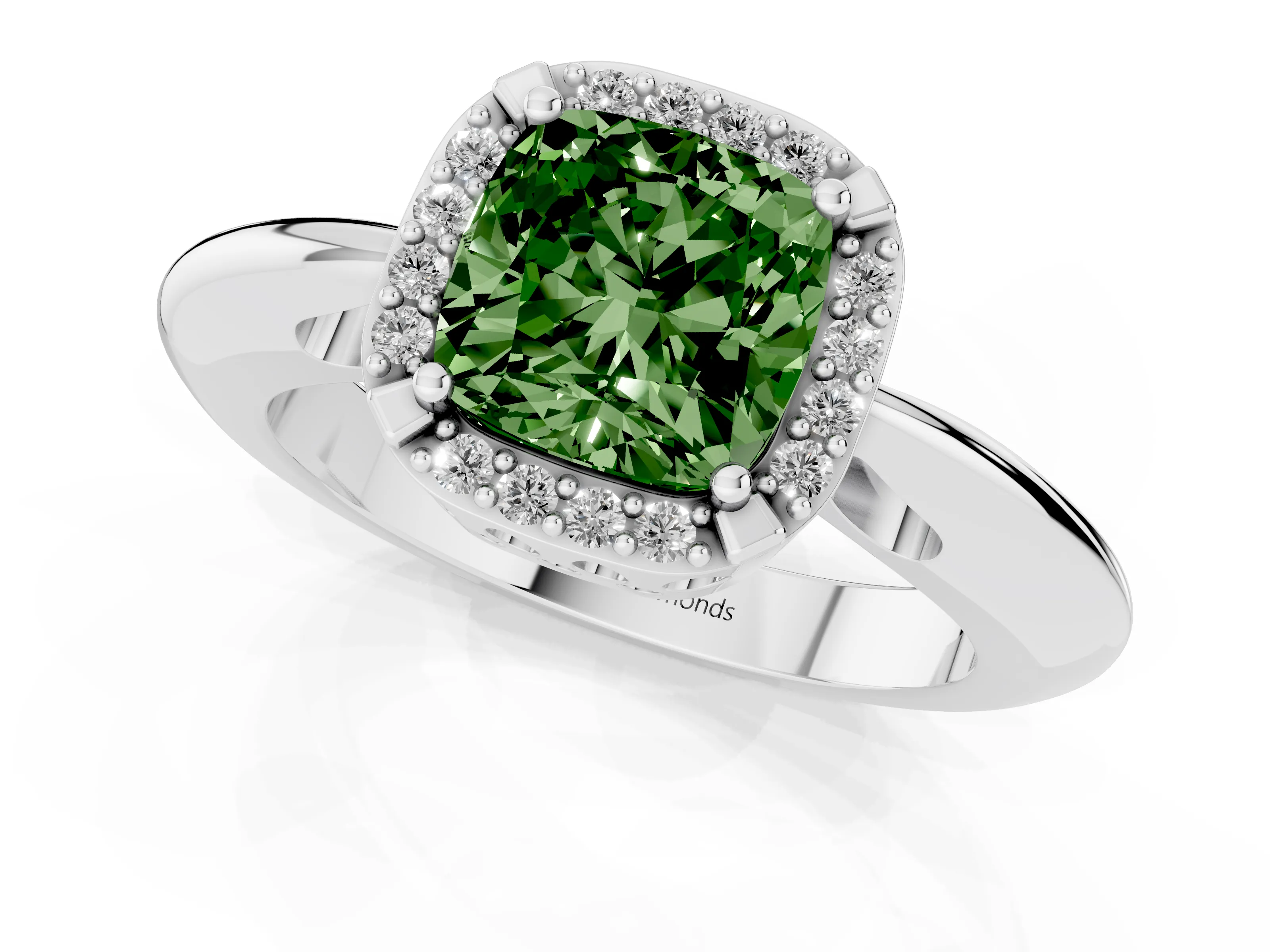 Fancy Green Cushion Cut Diamond Halo Engagement Ring Set in Silver with Plain Split Shank and Prong Setting