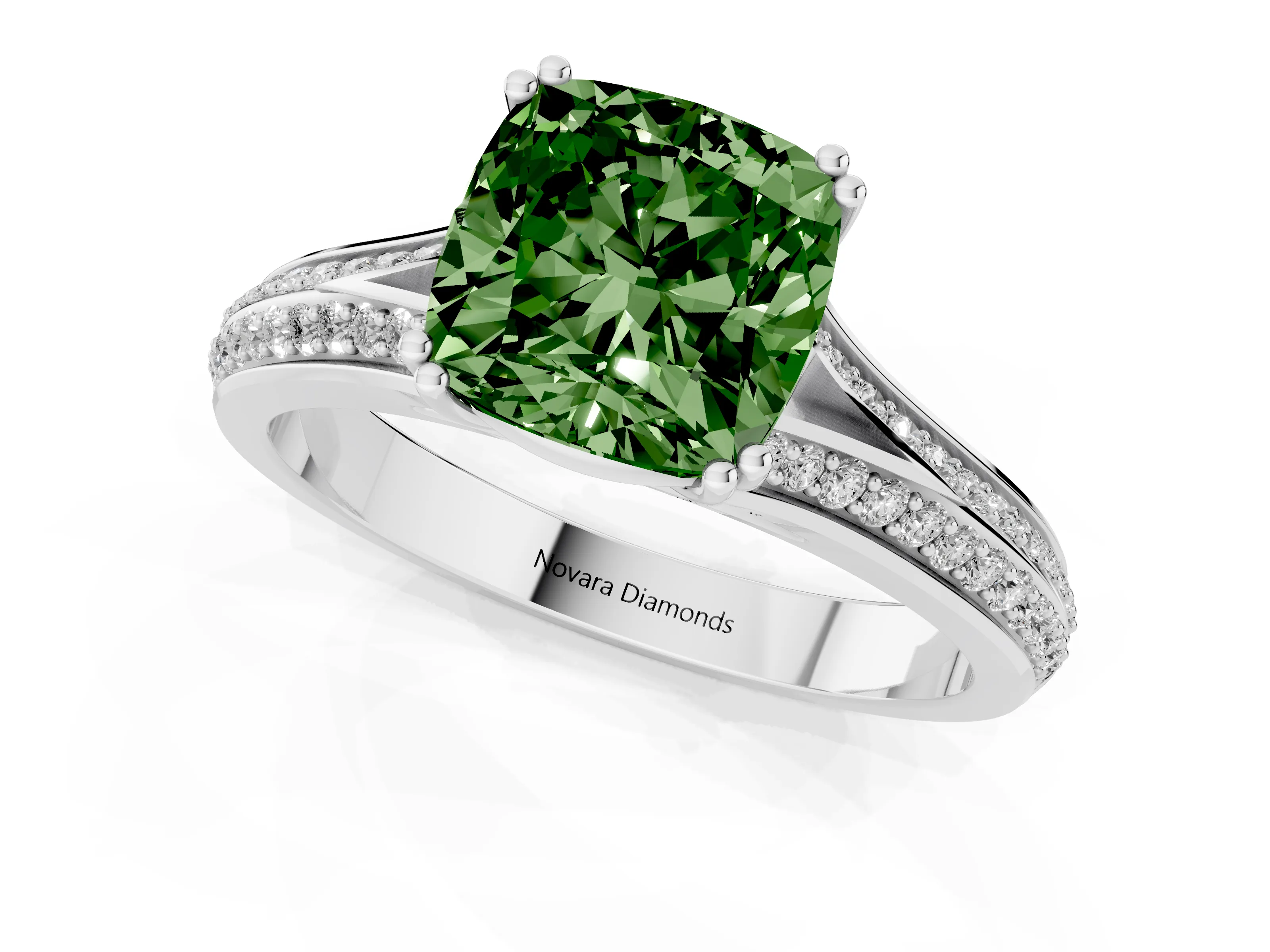 Fancy Green Cushion Cut Diamond Split Shank Pavé Engagement Ring Set in Platinum with Prong-Set Center Stone