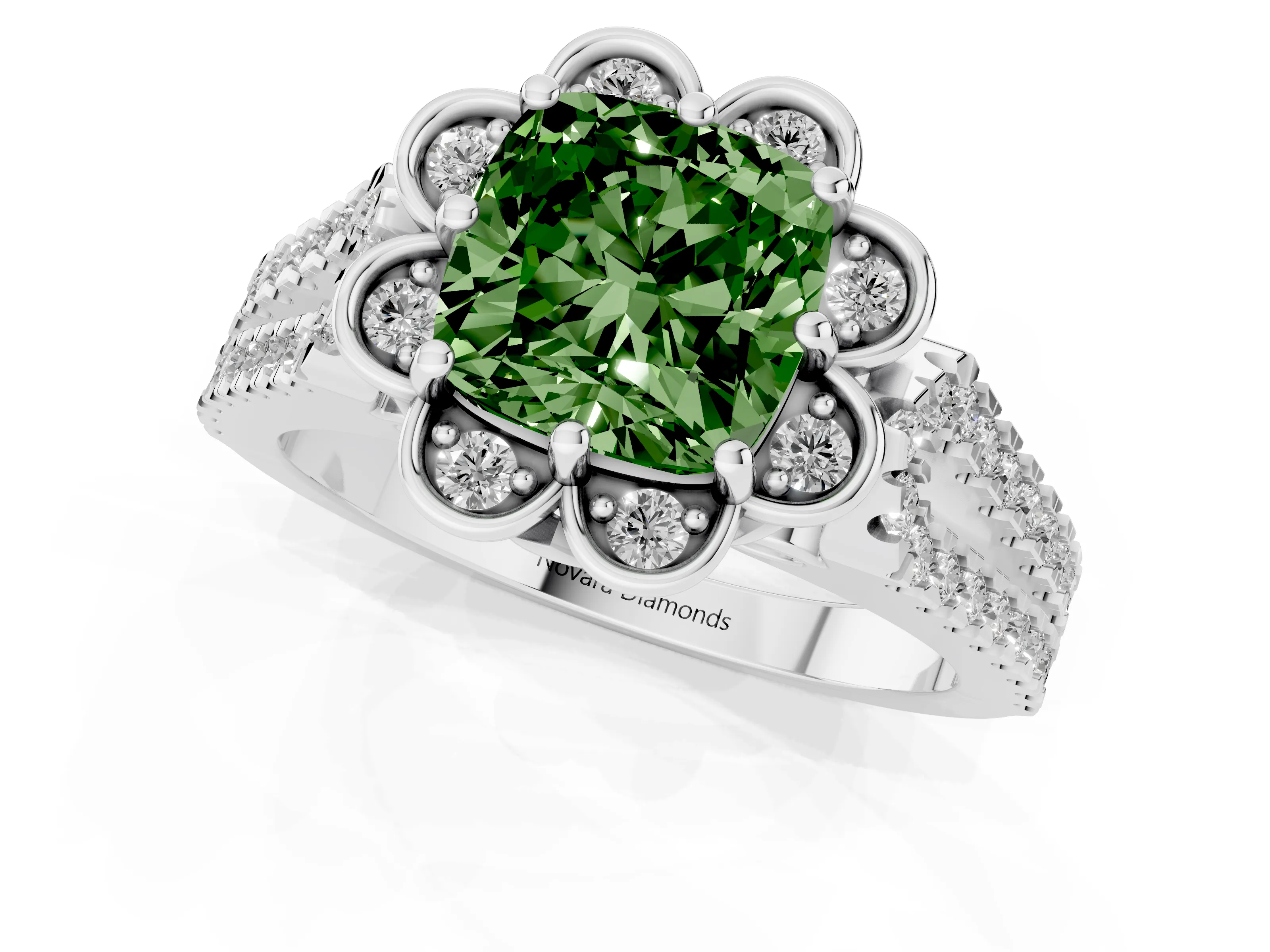 Fancy Green Cushion Cut Diamond Floral Halo Split Shank Engagement Ring Set in White gold with Pavé Shank