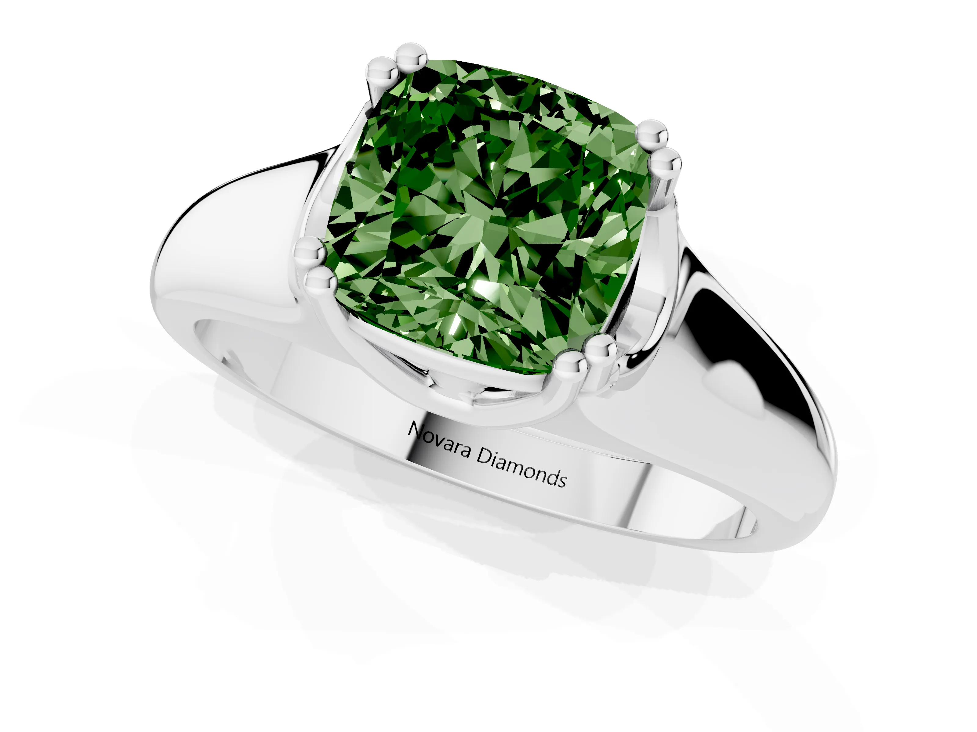 Fancy Green Cushion Cut Diamond Solitaire Ring Set in Silver with Wide Band and Prong Setting