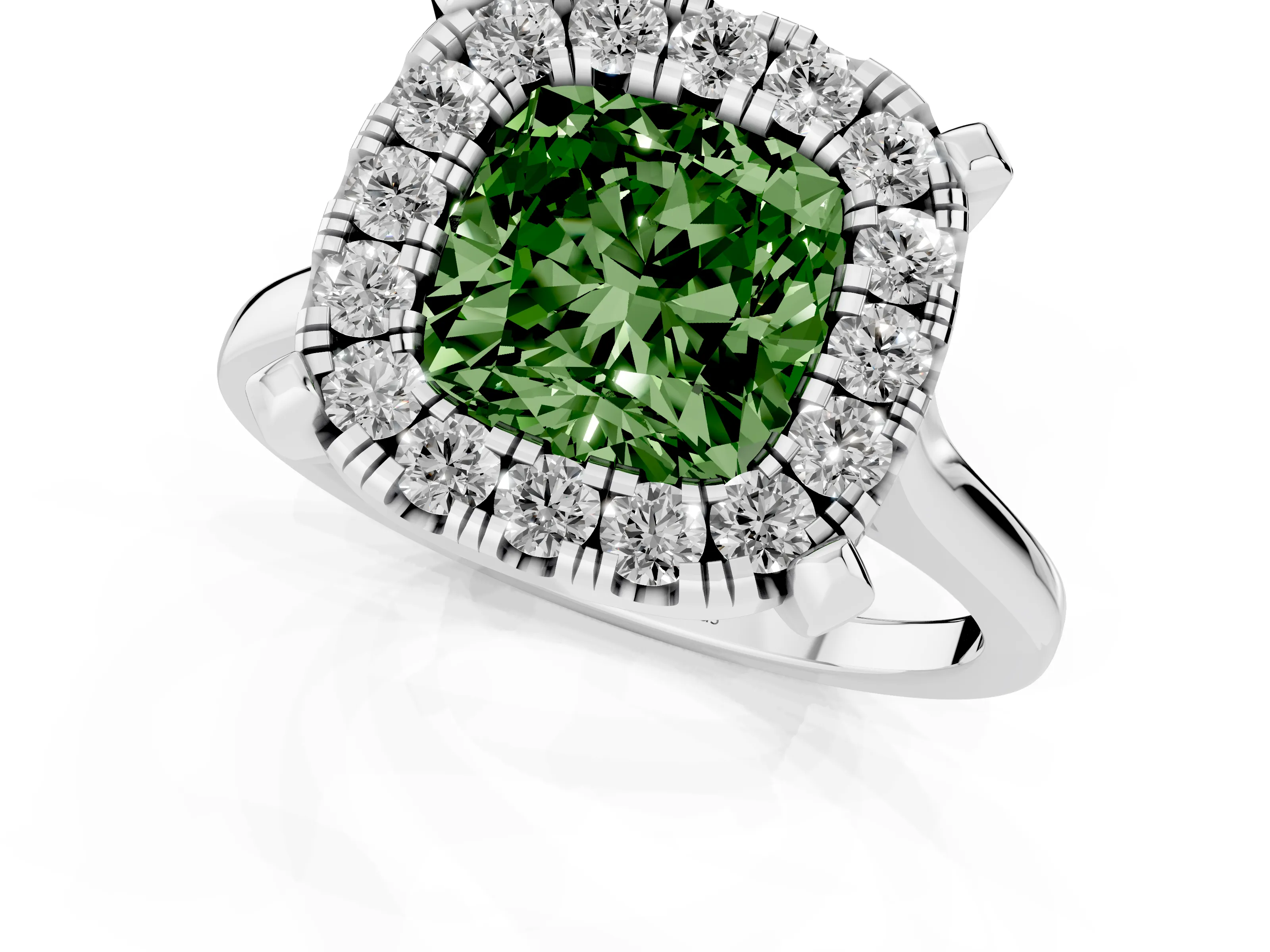 Fancy Green Cushion Cut Diamond Cluster Halo Solitaire Ring Set in Silver with Prong Setting