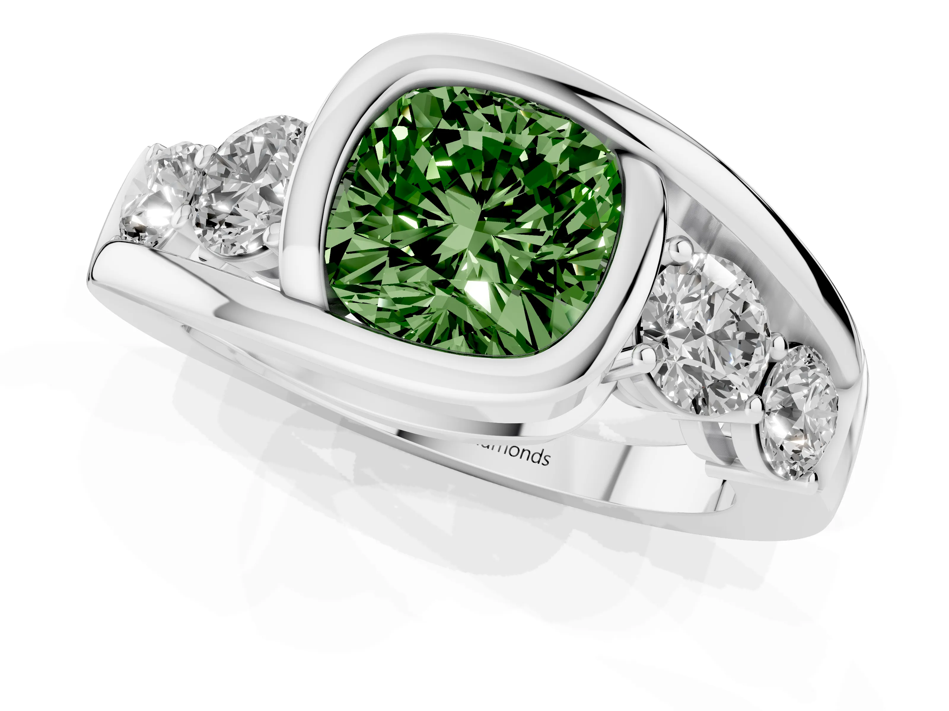 Fancy Green Cushion Cut Diamond Bezel Bypass Ring Set in Silver with Round Accents