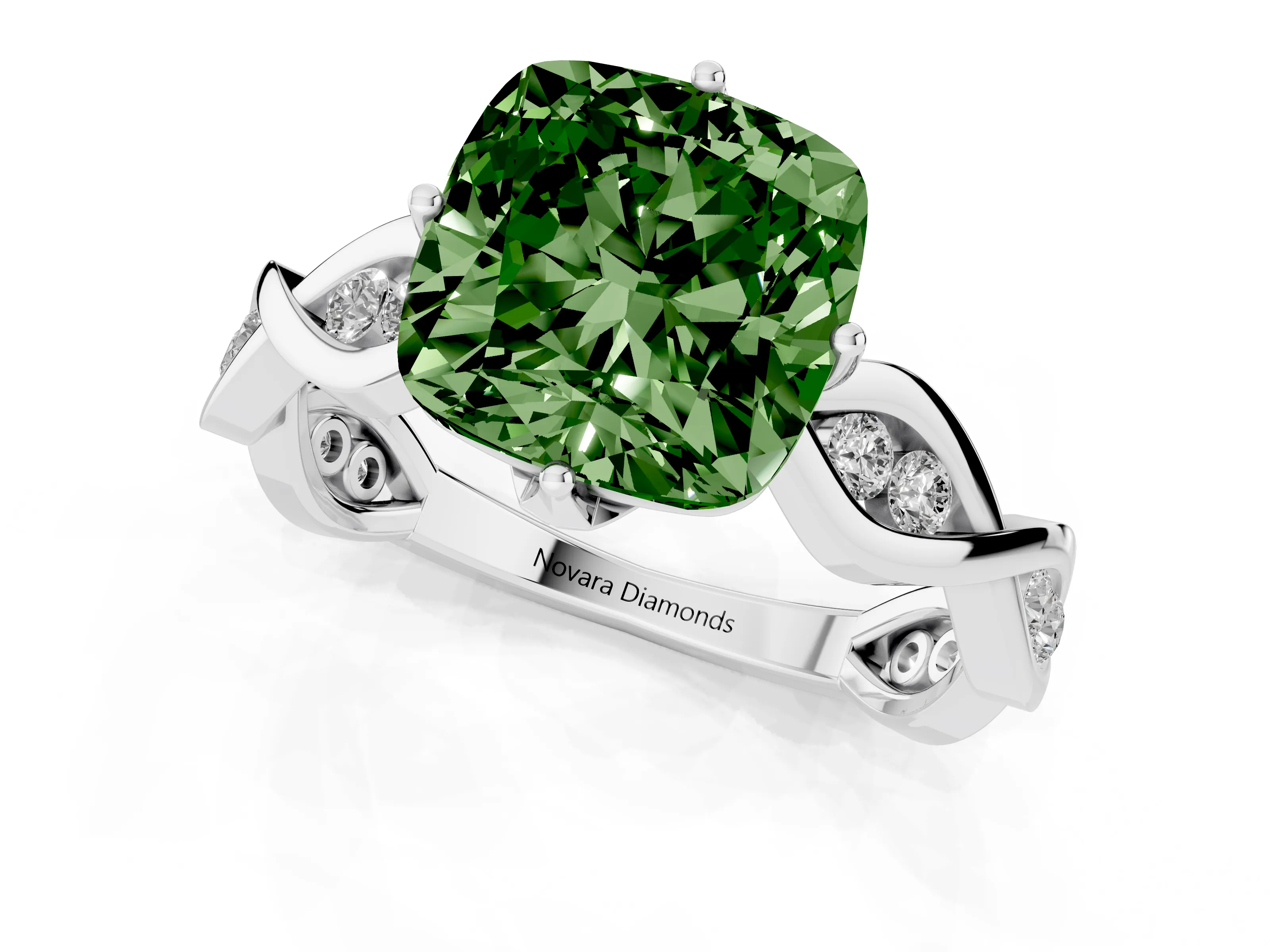 Fancy Green Cushion Cut Diamond Twist Band Solitaire Ring Set in Silver with Leaf Prong Setting and Accent Stones