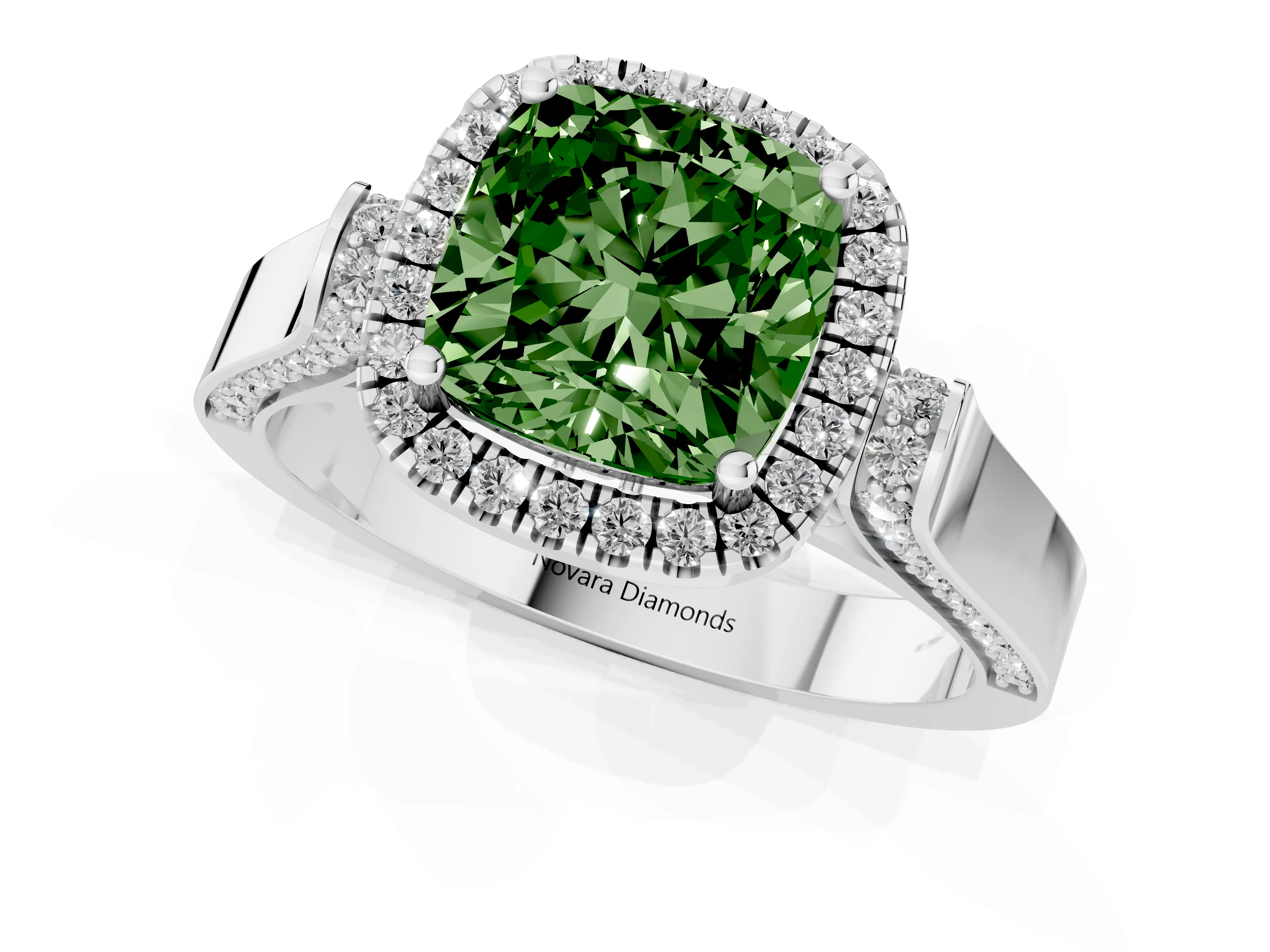Fancy Green Cushion Cut Diamond Halo Ring Set in Silver with Pavé-Lined Split Shank Band