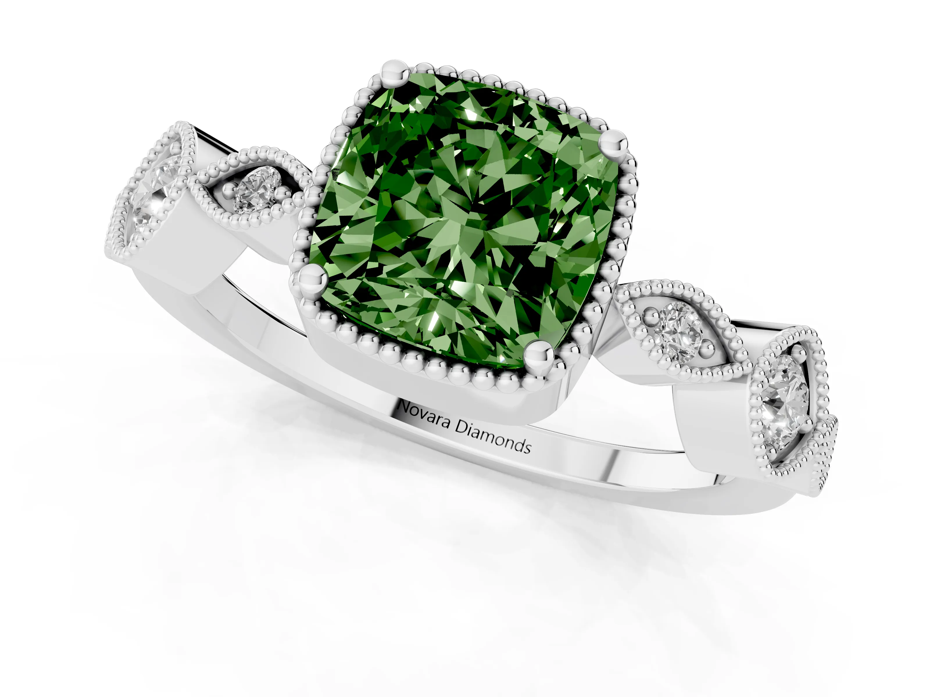 Fancy Green Cushion Cut Diamond Vintage-Inspired Milgrain Ring Set in White gold with Marquise Stations of Round Accents