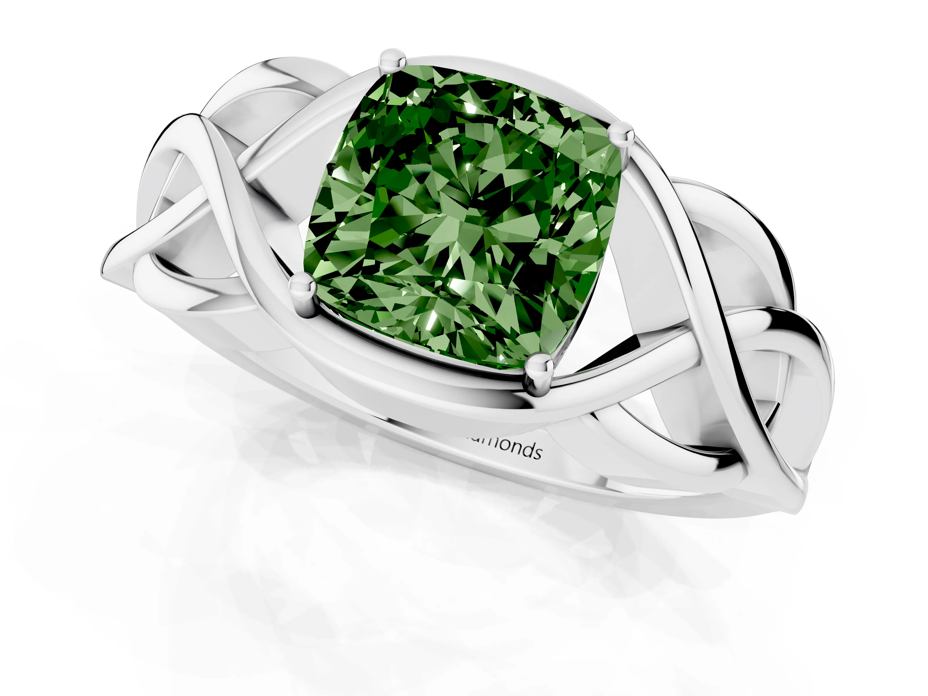 Fancy Green Cushion Cut Diamond Solitaire Ring Set in Silver with Intertwined Band