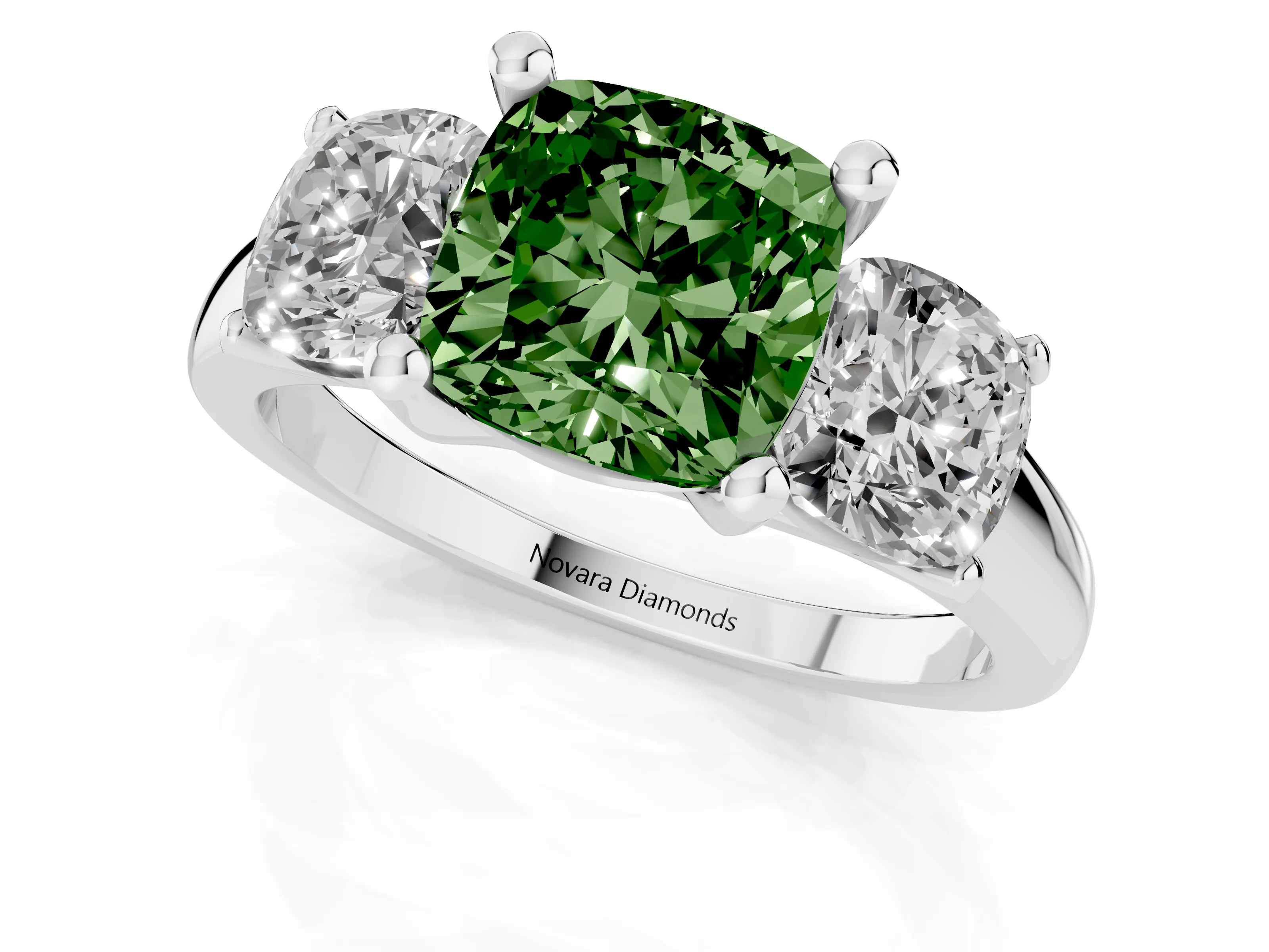 Fancy Green Cushion Cut Diamond Three-Stone Ring Set in White gold with Classic Prong Setting and Plain Band