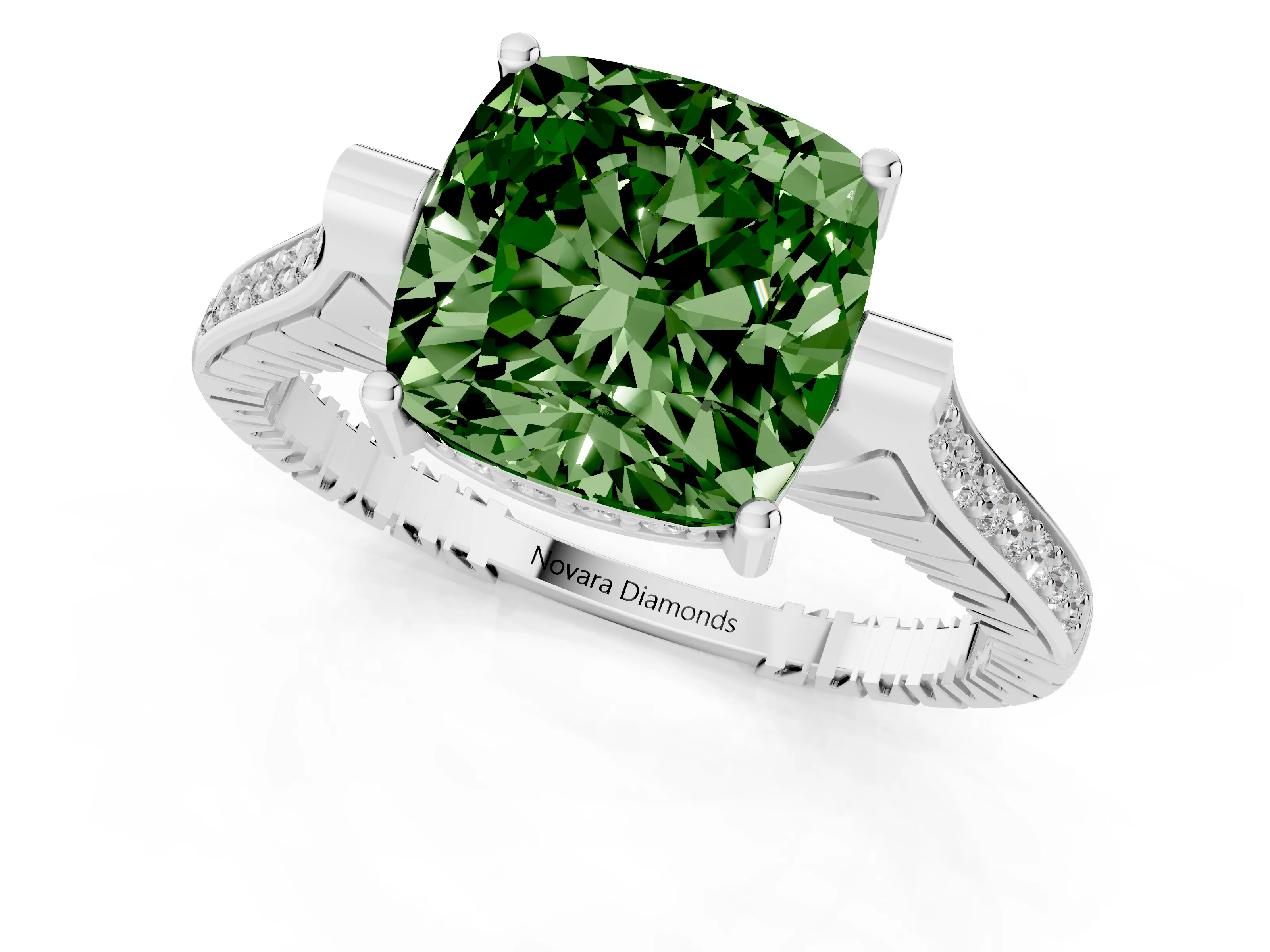 Fancy Green Cushion Cut Diamond Solitaire Ring Set in White gold with Channel Set Band and Bezel Prong Setting