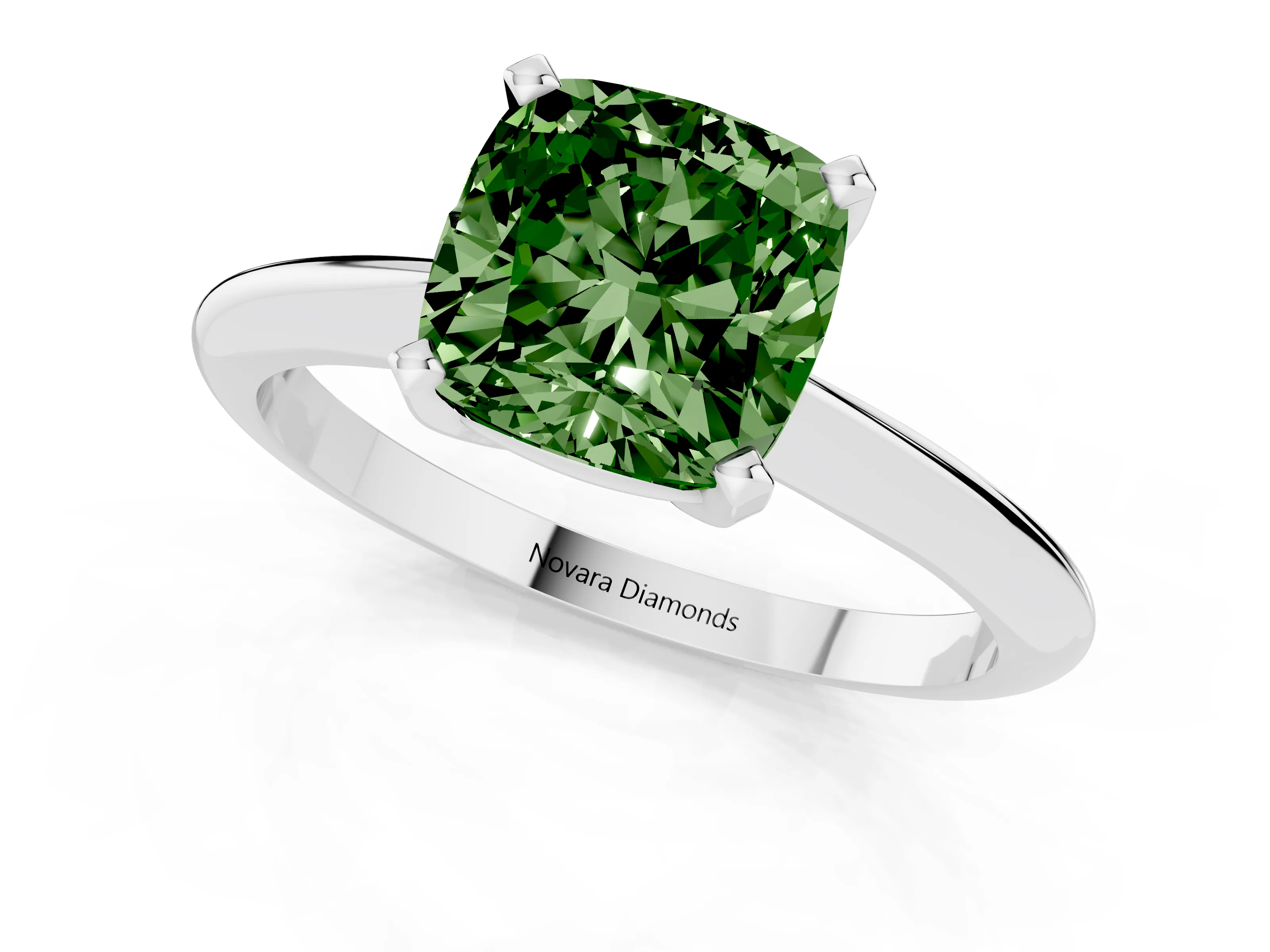 Fancy Green Cushion Cut Diamond Solitaire Ring Set in Silver with Prong Setting on a Plain Round Band