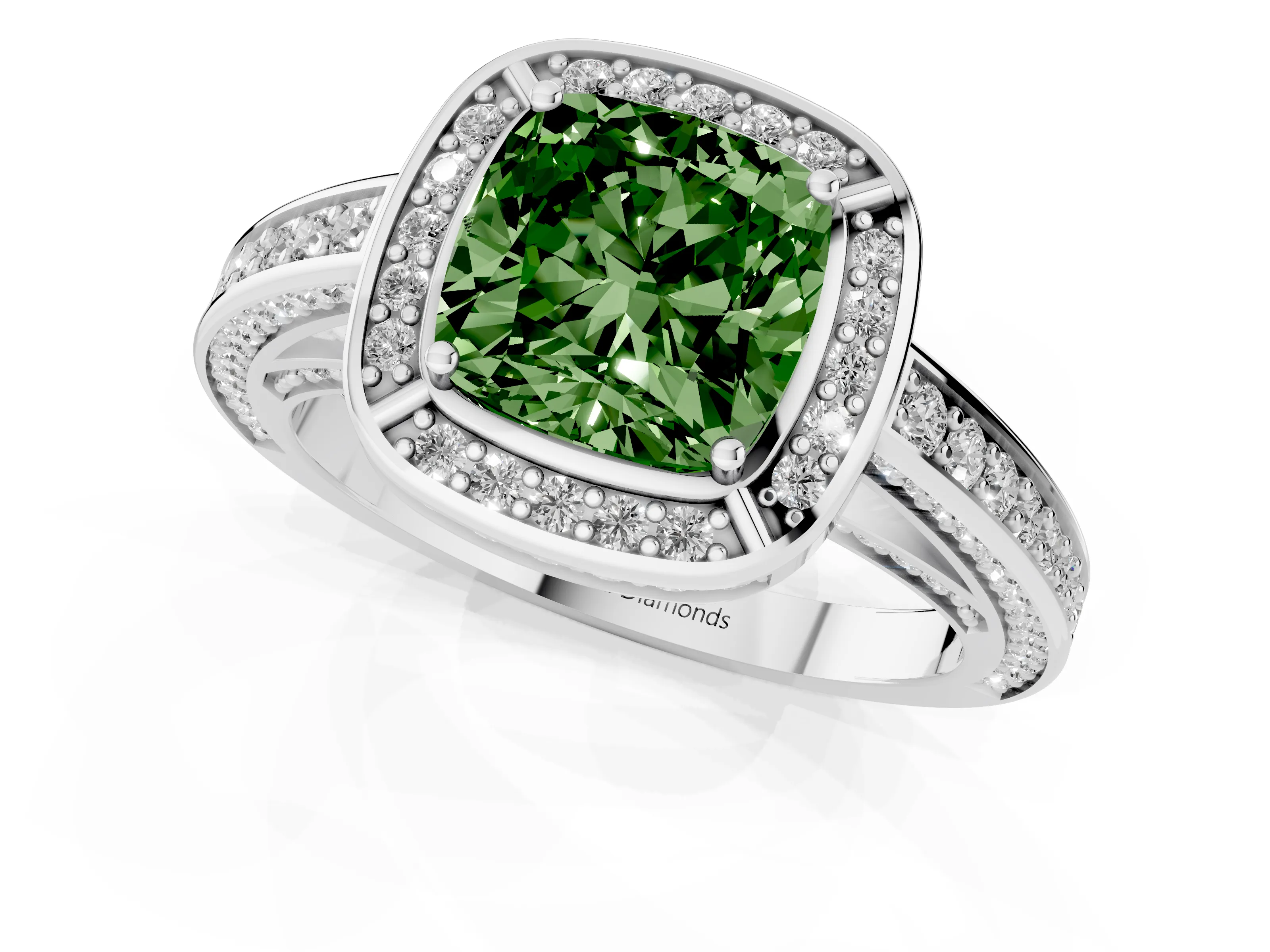 Fancy Green Cushion Cut Diamond Halo Pavé Split Shank Ring Set in White gold with Prong Setting