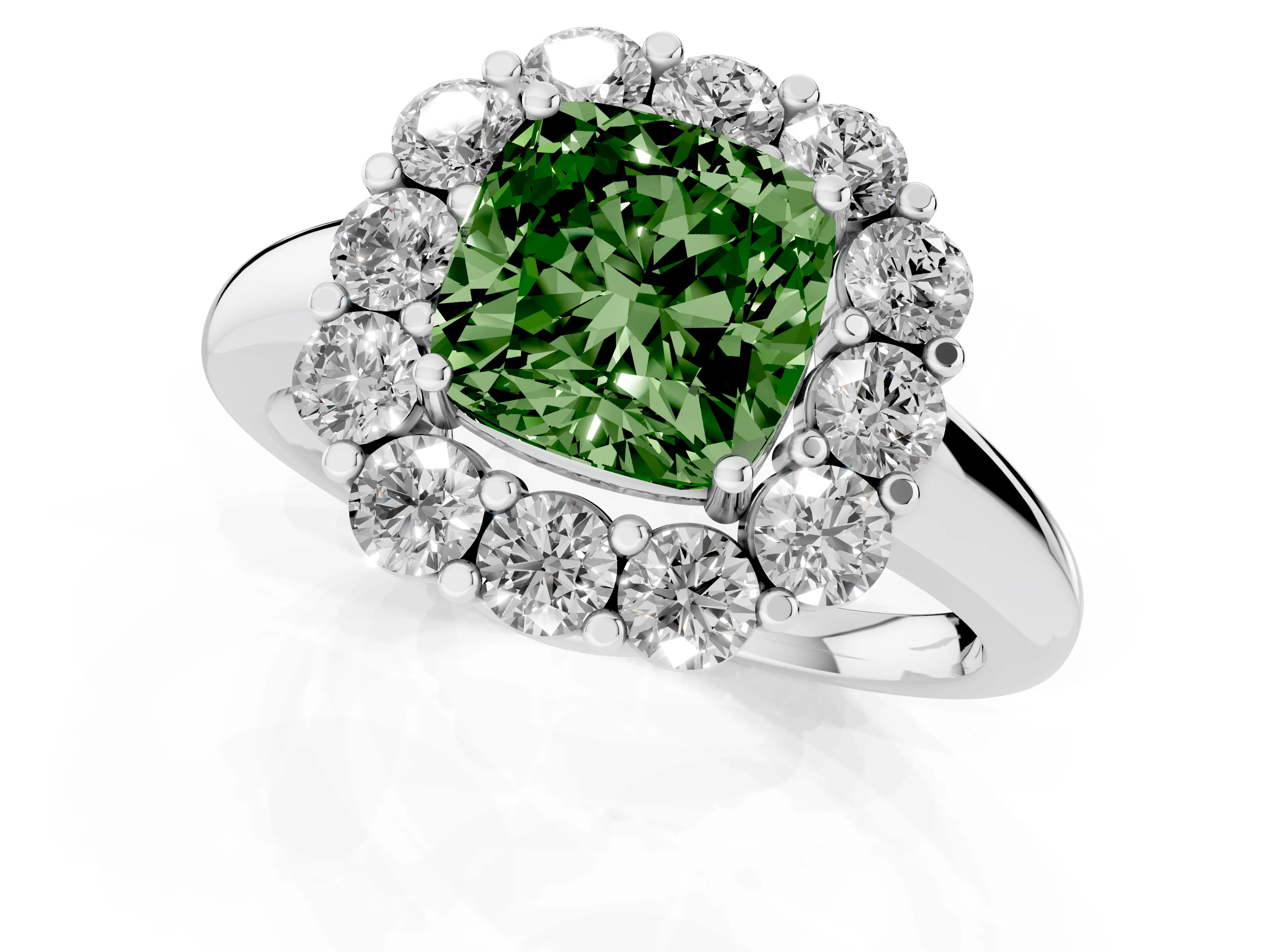 Fancy Green Cushion Cut Diamond Halo Cluster Engagement Ring Set in Platinum with Polished Band and Prong Setting