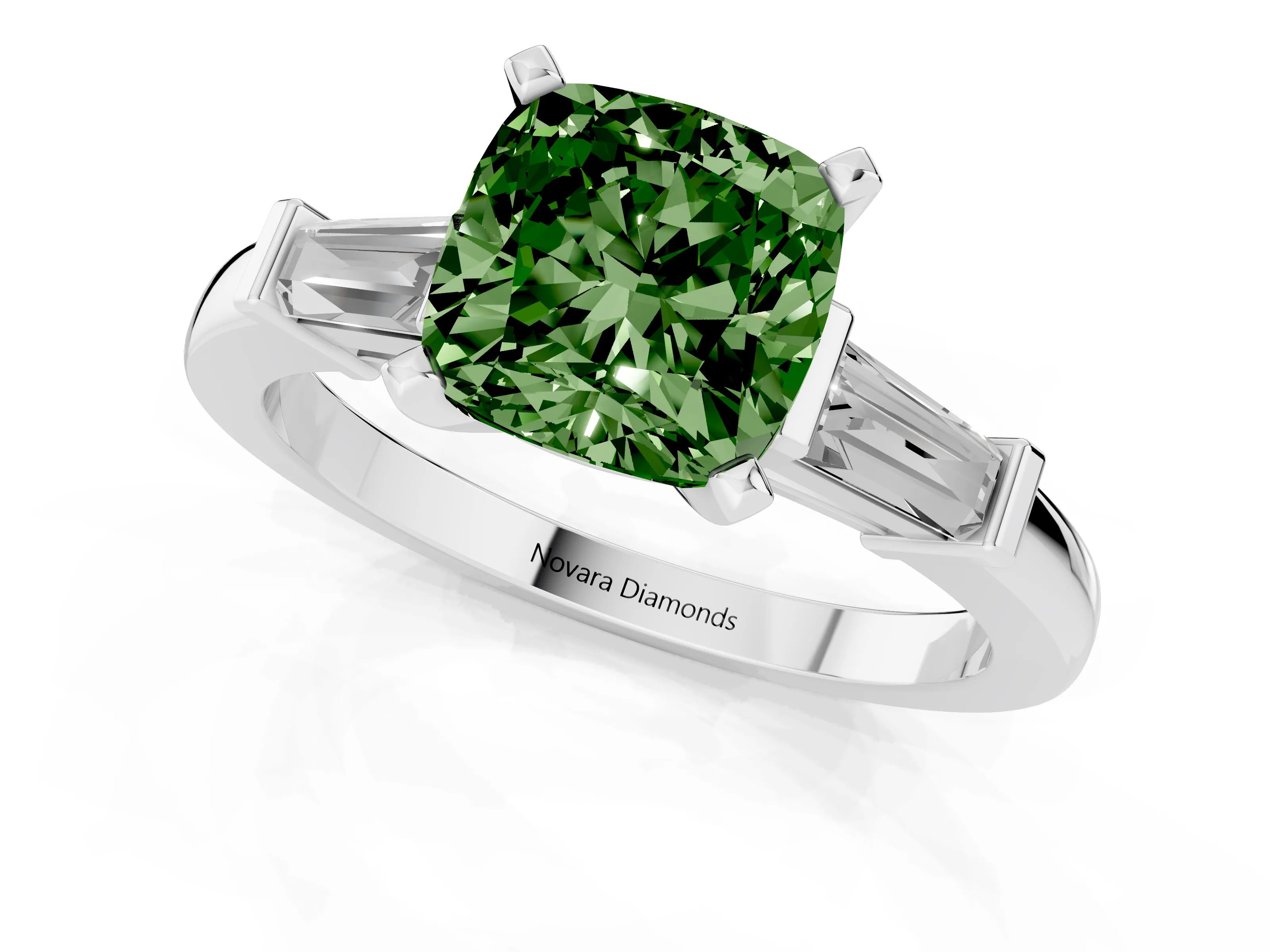 Fancy Green Cushion Cut Diamond Solitaire Ring Set in White gold with Tapered Baguette Accents and Prong Setting