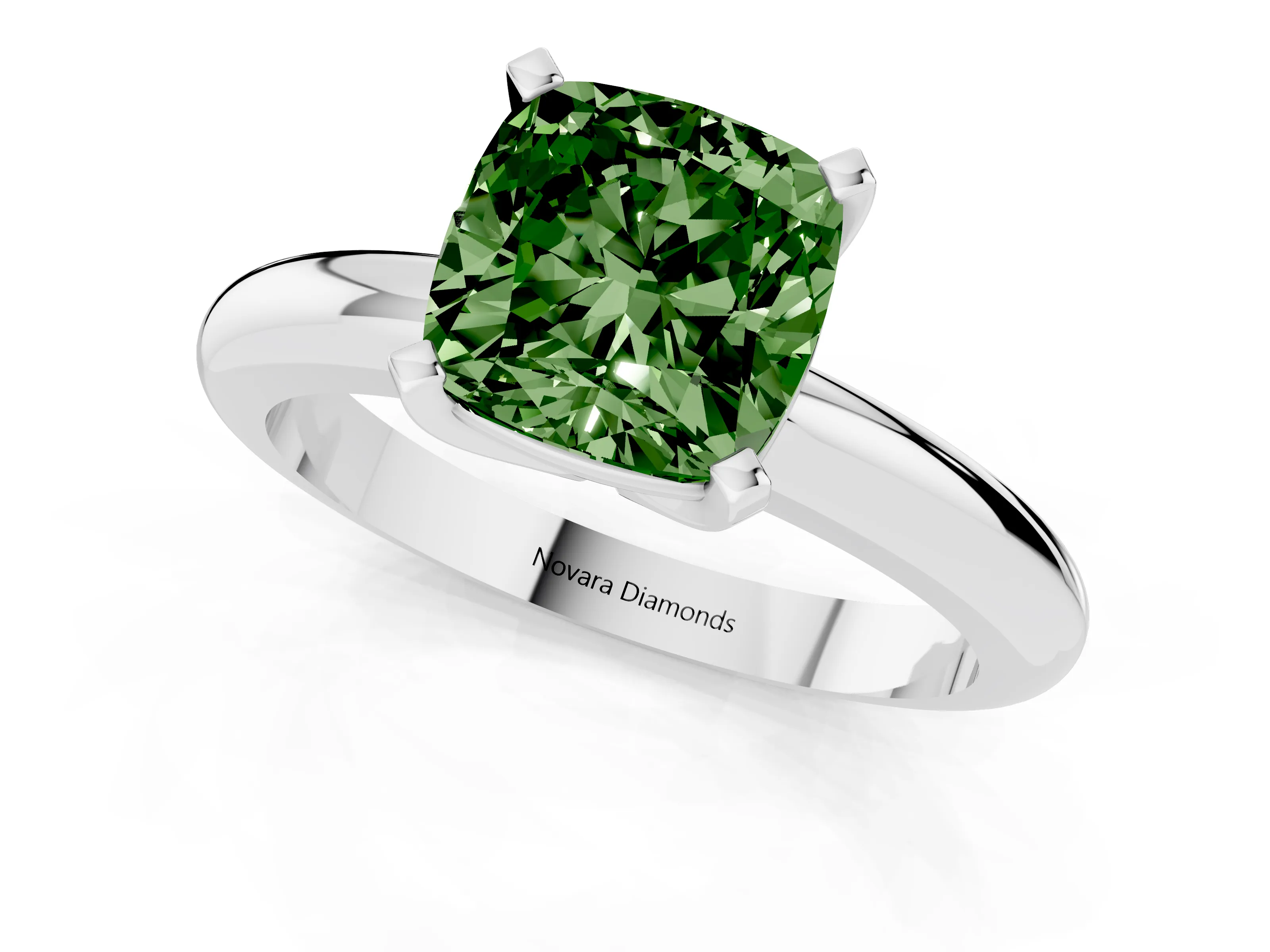 Fancy Green Cushion Cut Diamond Solitaire Engagement Ring Set in White gold with Round Band and Prong Setting