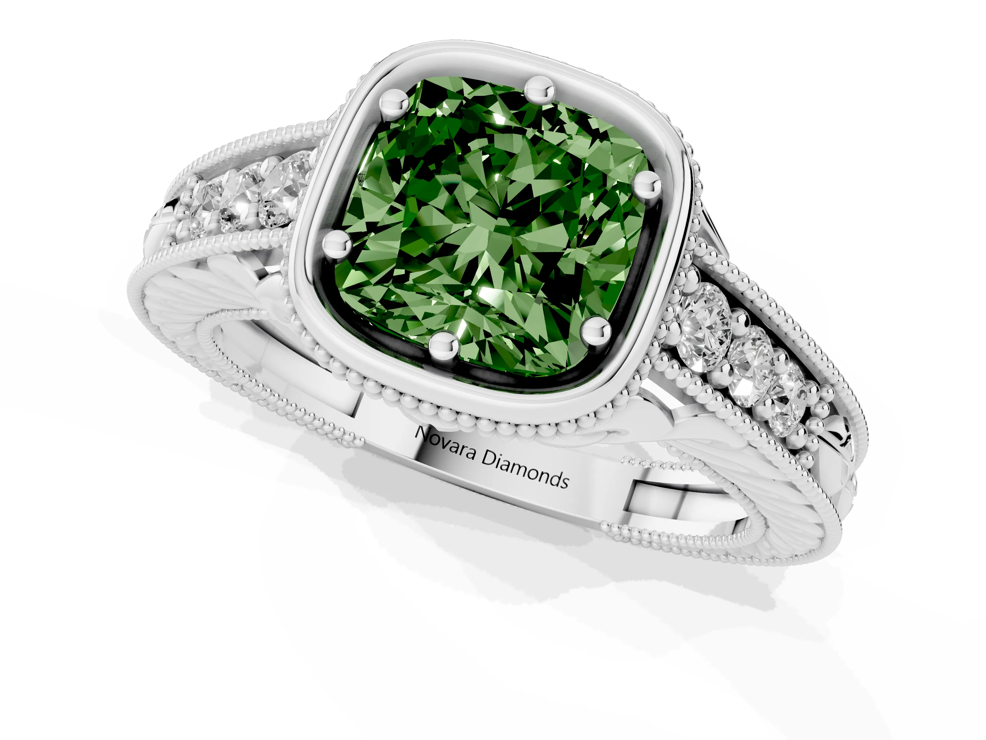 Fancy Green Bezel Set Cushion Cut Diamond Milgrain Pavé Engagement Ring Set in Silver