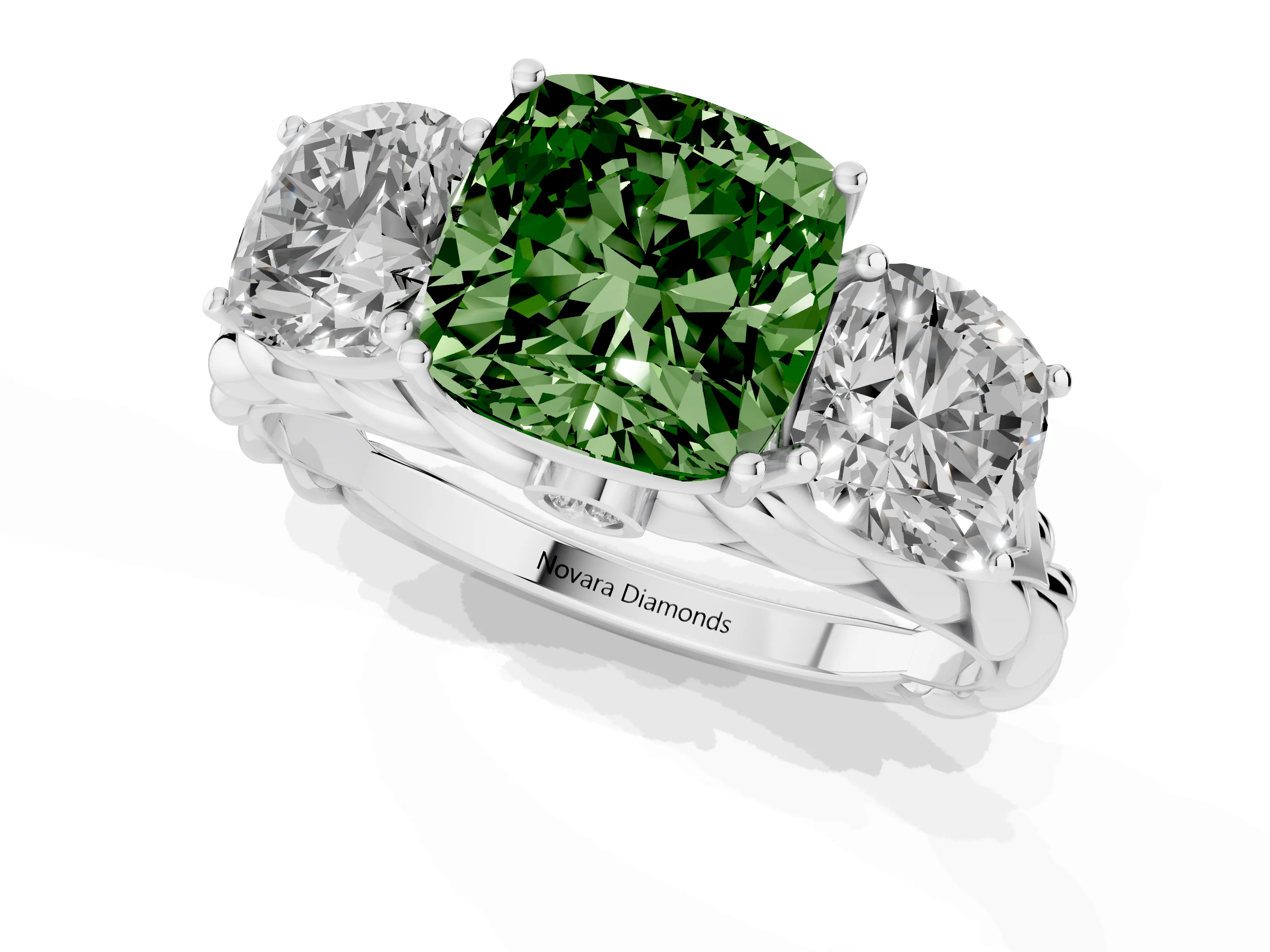 Fancy Green Cushion Cut Diamond Three-Stone Ring Set in White gold with Braided Band