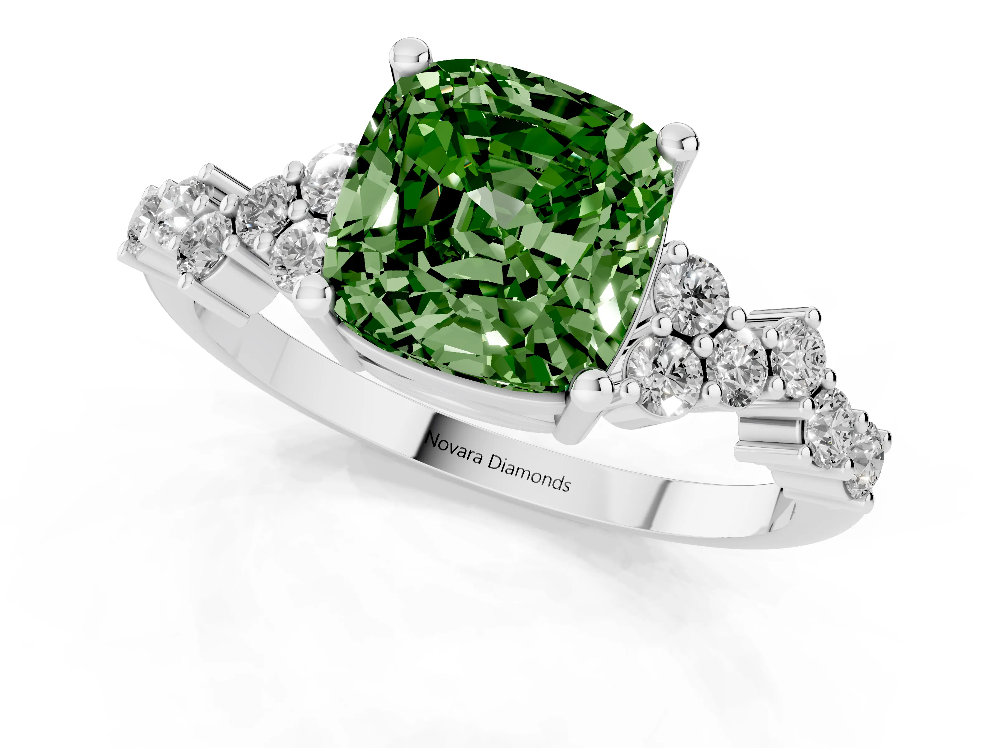 Fancy Green Cushion Cut Diamond Ring Set in White gold with Scattered Round Accents