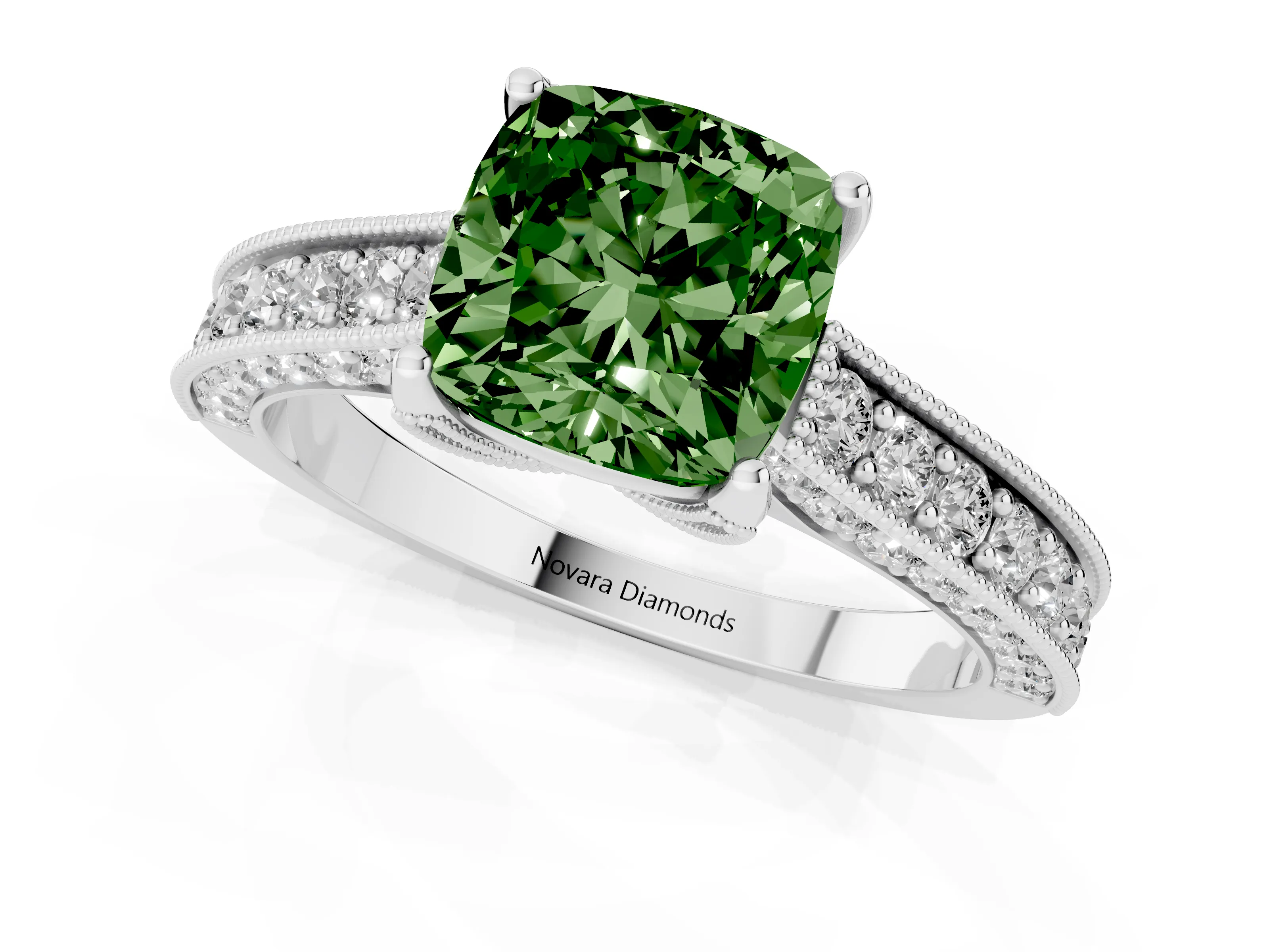 Fancy Green Cushion Cut Diamond Solitaire Ring Set in Silver with Milgrain-Edged Pavé Band and Prong Setting