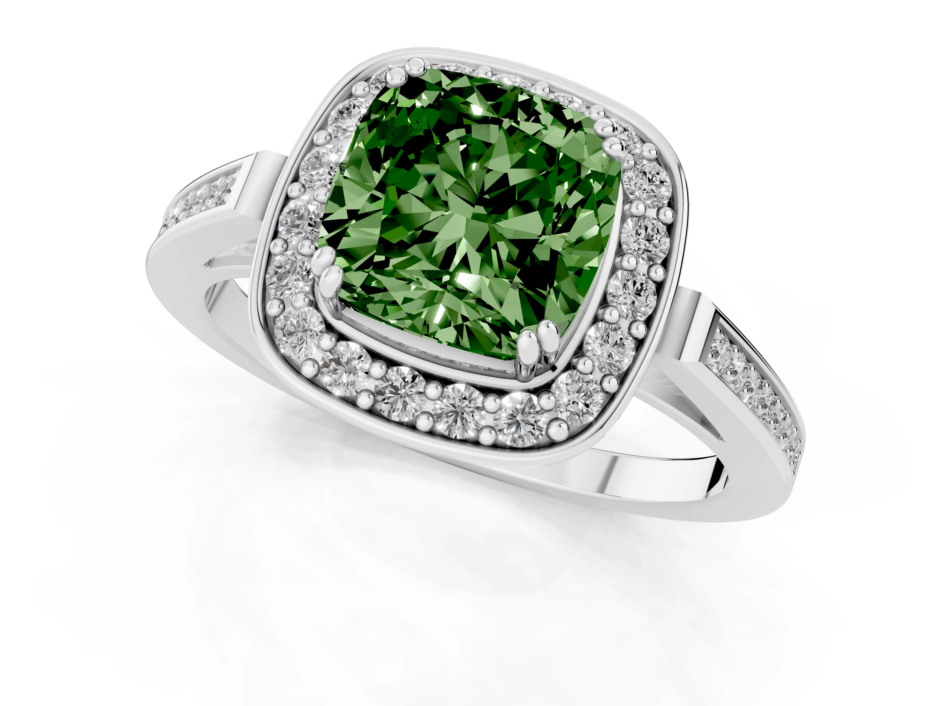 Fancy Green Cushion Cut Diamond Halo Ring Set in Platinum with Accent-Lined Split Shank and Prong Setting – second view
