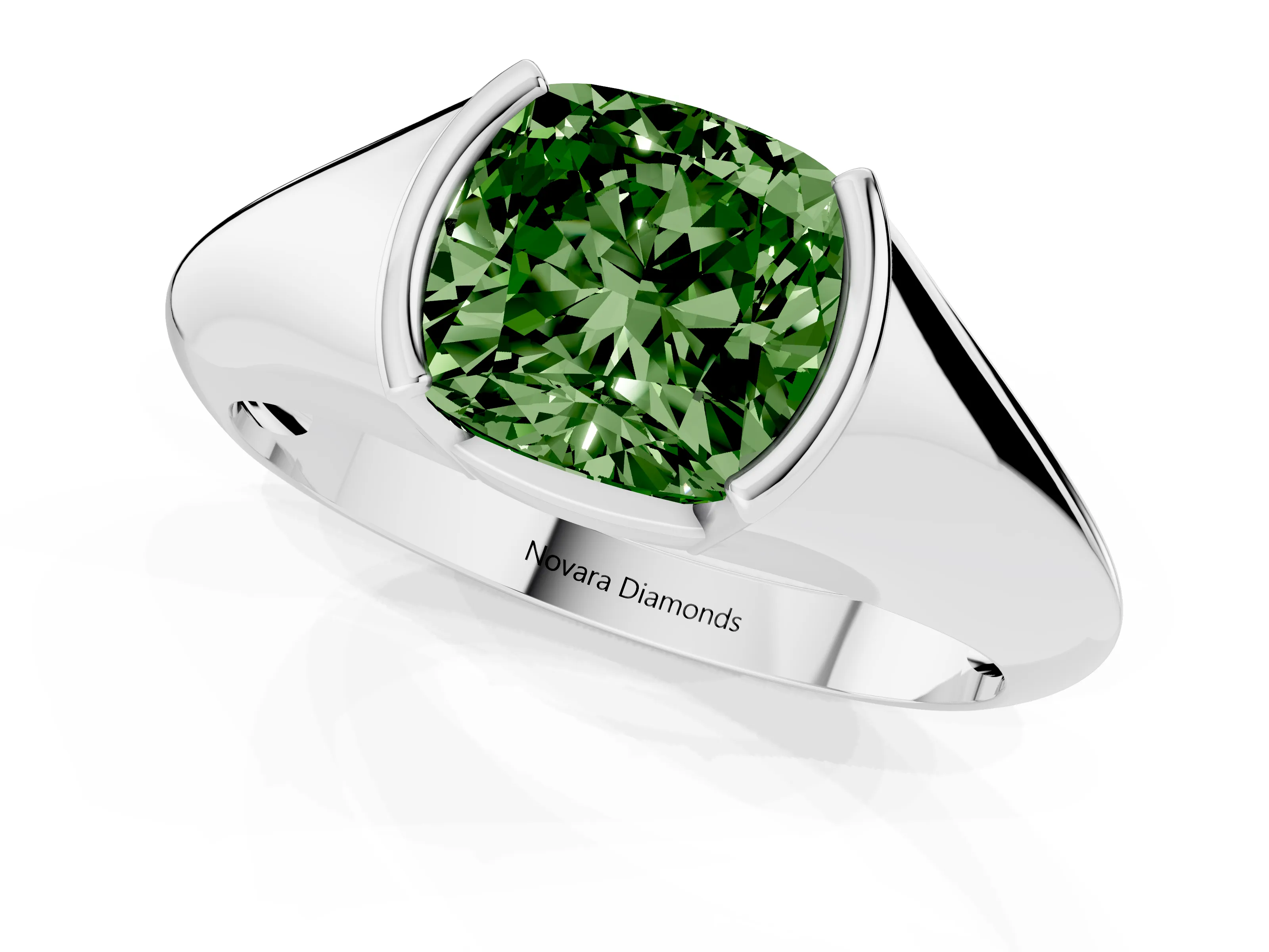 Fancy Green Cushion Cut Diamond Solitaire Tension Set Ring Set in Silver
