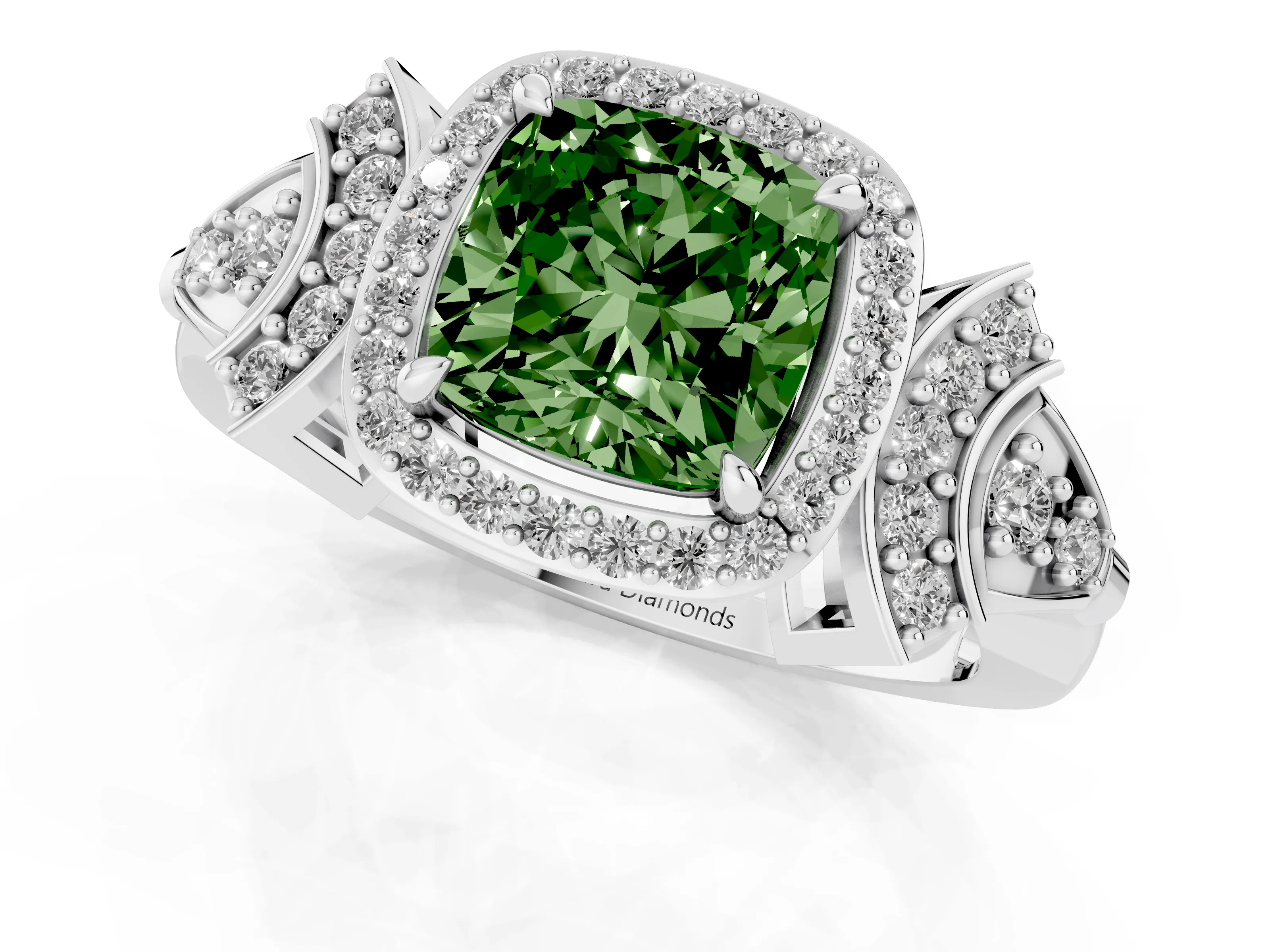 Fancy Green Cushion Cut Diamond Halo Engagement Ring Set in Silver with Accent Stone Split Shank