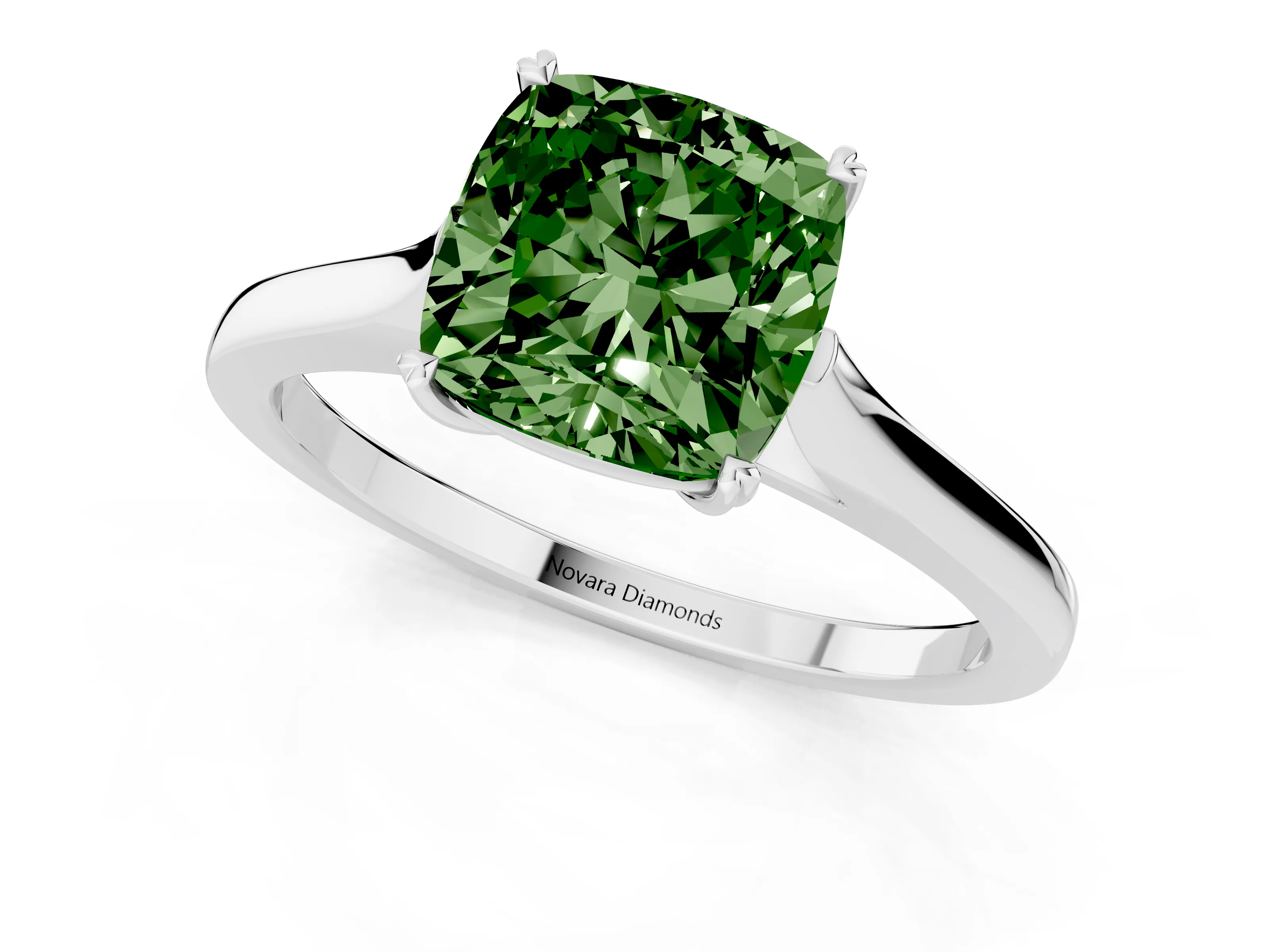 Fancy Green Cushion Cut Diamond Solitaire Heart Prong Engagement Ring Set in White gold with Tapered Band