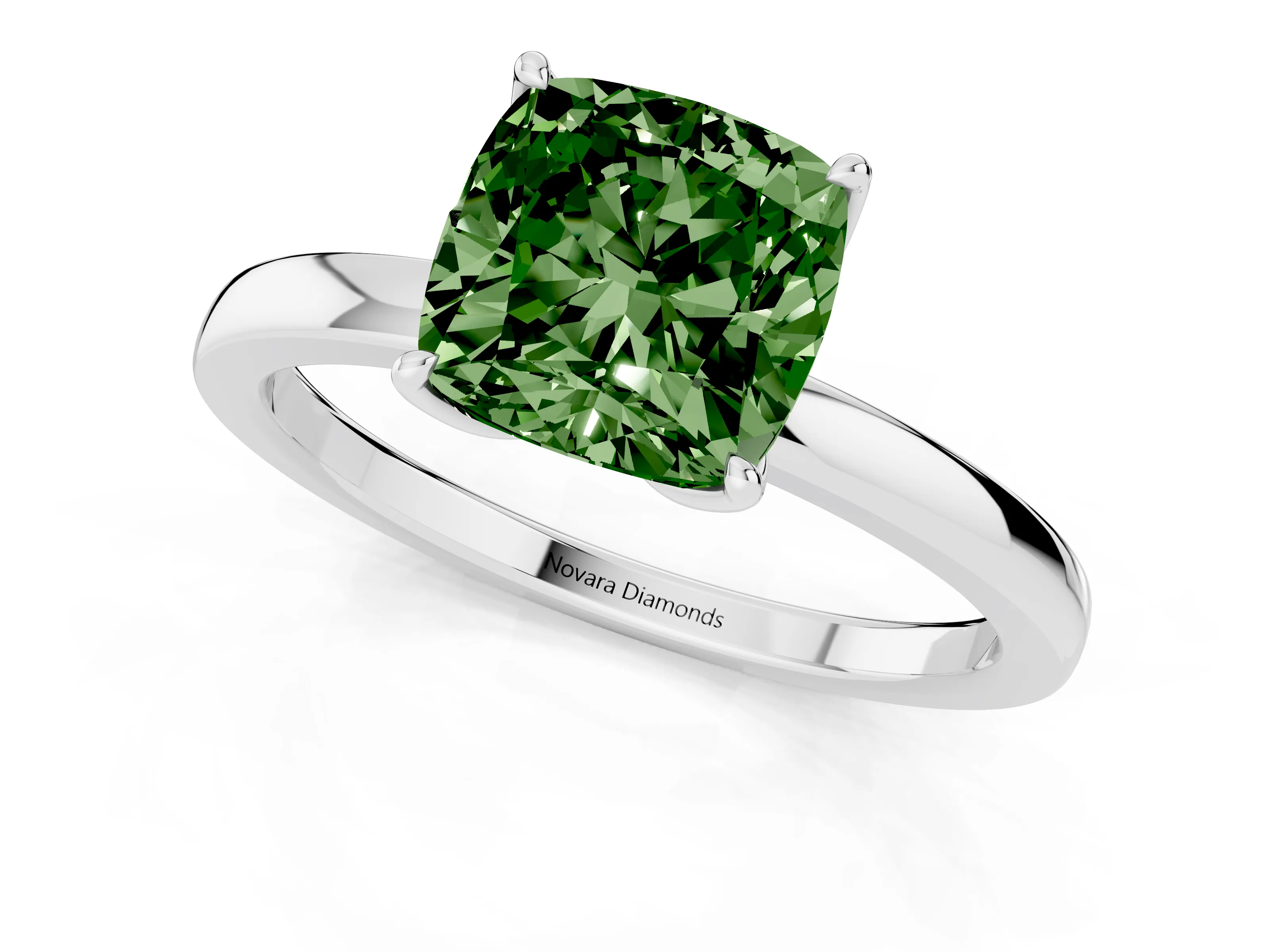 Fancy Green Cushion Cut Diamond Solitaire Ring Set in White gold with Prong Setting and Thin Polished Band