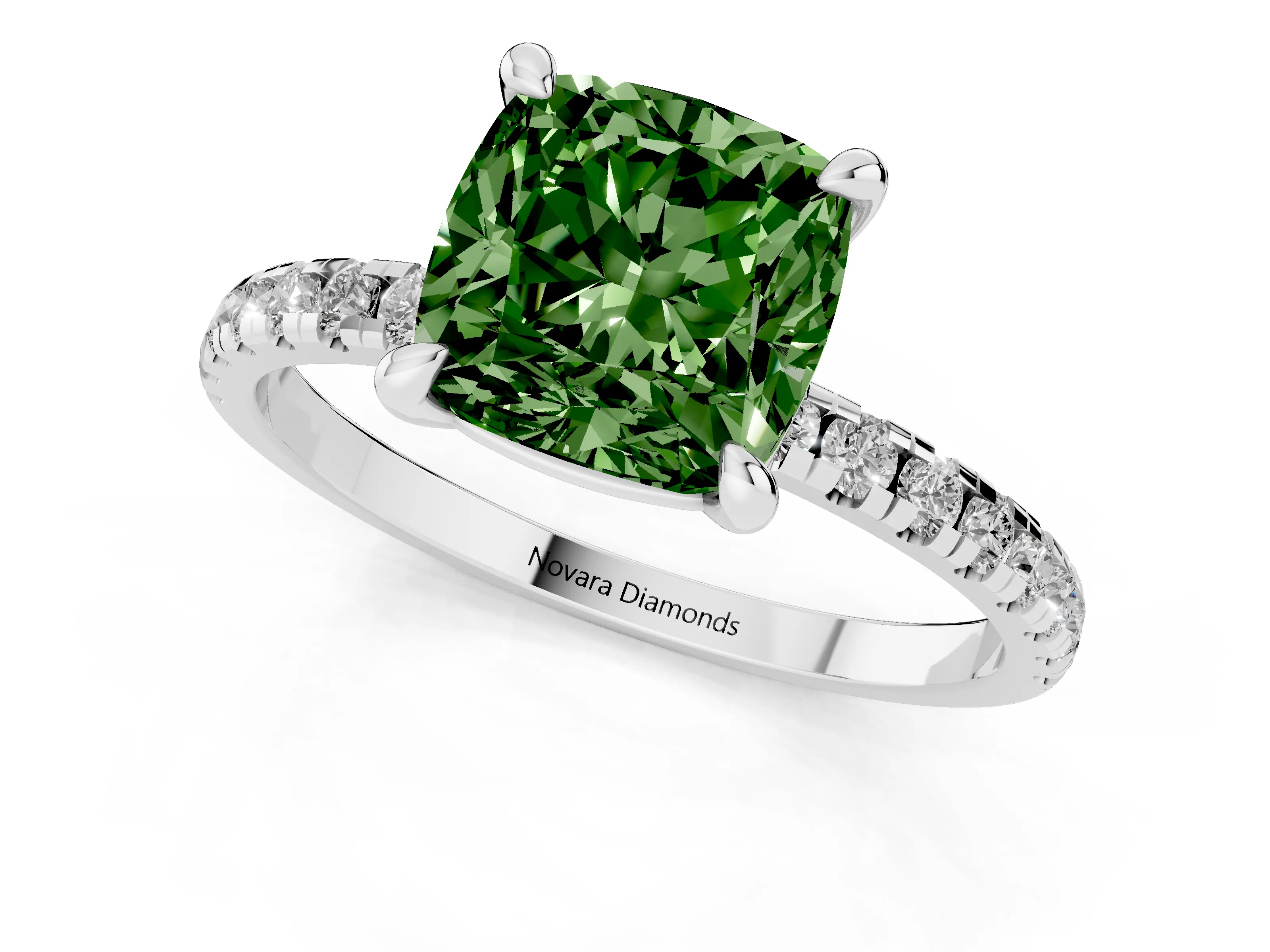 Fancy Green Cushion Cut Diamond Brilliant Solitaire Ring Set in Platinum with Pavé Band and Prong Setting