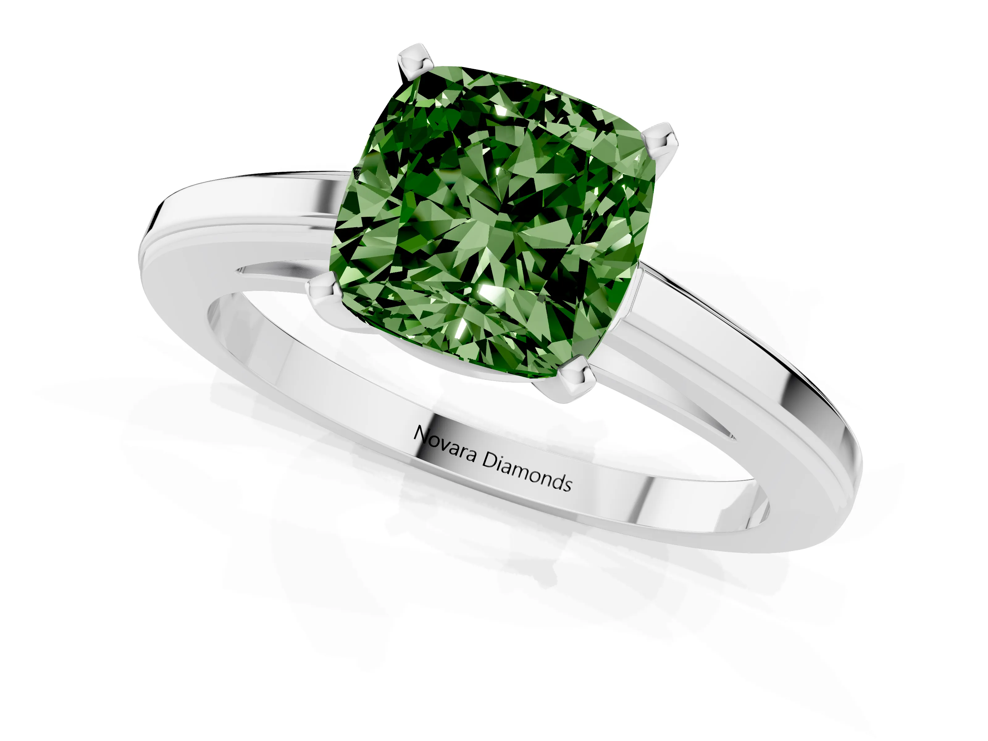 Fancy Green Cushion Cut Diamond Solitaire Ring Set in Platinum with Prong Setting and Classic Band